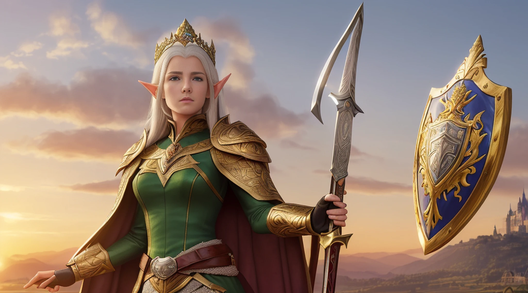 ((best quality)), ((masterpiece)), (((realistic)), (A tall, white-haired elf woman), full body, green eyes, female face, (holding a sword and shield), carved metal top, real aura, trend in artstation, sharp focus, studio photo, intricate detail, very detailed, detailed eye, illustration, very detailed, sharp focus, digital rendering, professional, 4k, (masterpiece, top quality, best quality, official, beautiful and aesthetic art: 1.2), (golden queen's armor, fur-lined cape, jeweled crown: 1.2), serious, facing a castle, late afternoon, (sunset), facing the viewer, --auto