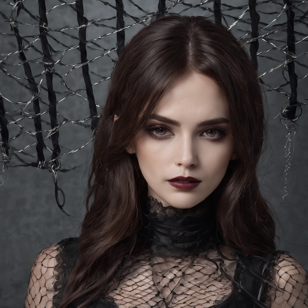 woman with gothic net symbolic clothes, 。.com (Barbed wire of the body) brunette color hair, wavy hair, highres, absurdres, 4k, beautiful lighting, simple background, dark background, smirking, looking at viewer, hazel eyes