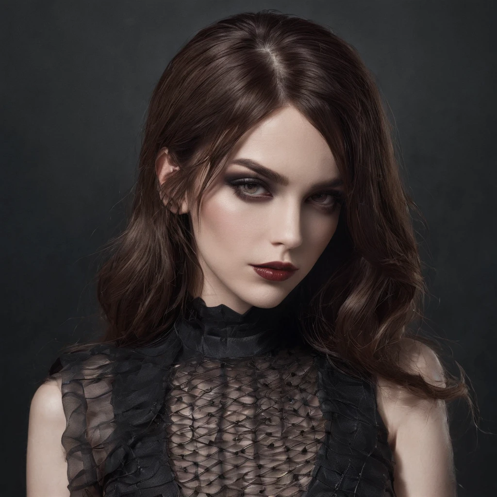 woman with gothic net symbolic clothes, 。.com (Barbed wire of the body) brunette color hair, wavy hair, highres, absurdres, 4k, beautiful lighting, simple background, dark background, smirking, looking at viewer, hazel eyes