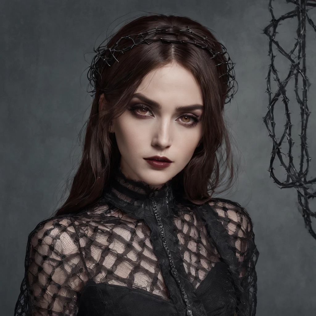 woman with gothic net symbolic clothes, 。.com (Barbed wire of the body) brunette color hair, wavy hair, highres, absurdres, 4k, beautiful lighting, simple background, dark background, smirking, looking at viewer, hazel eyes