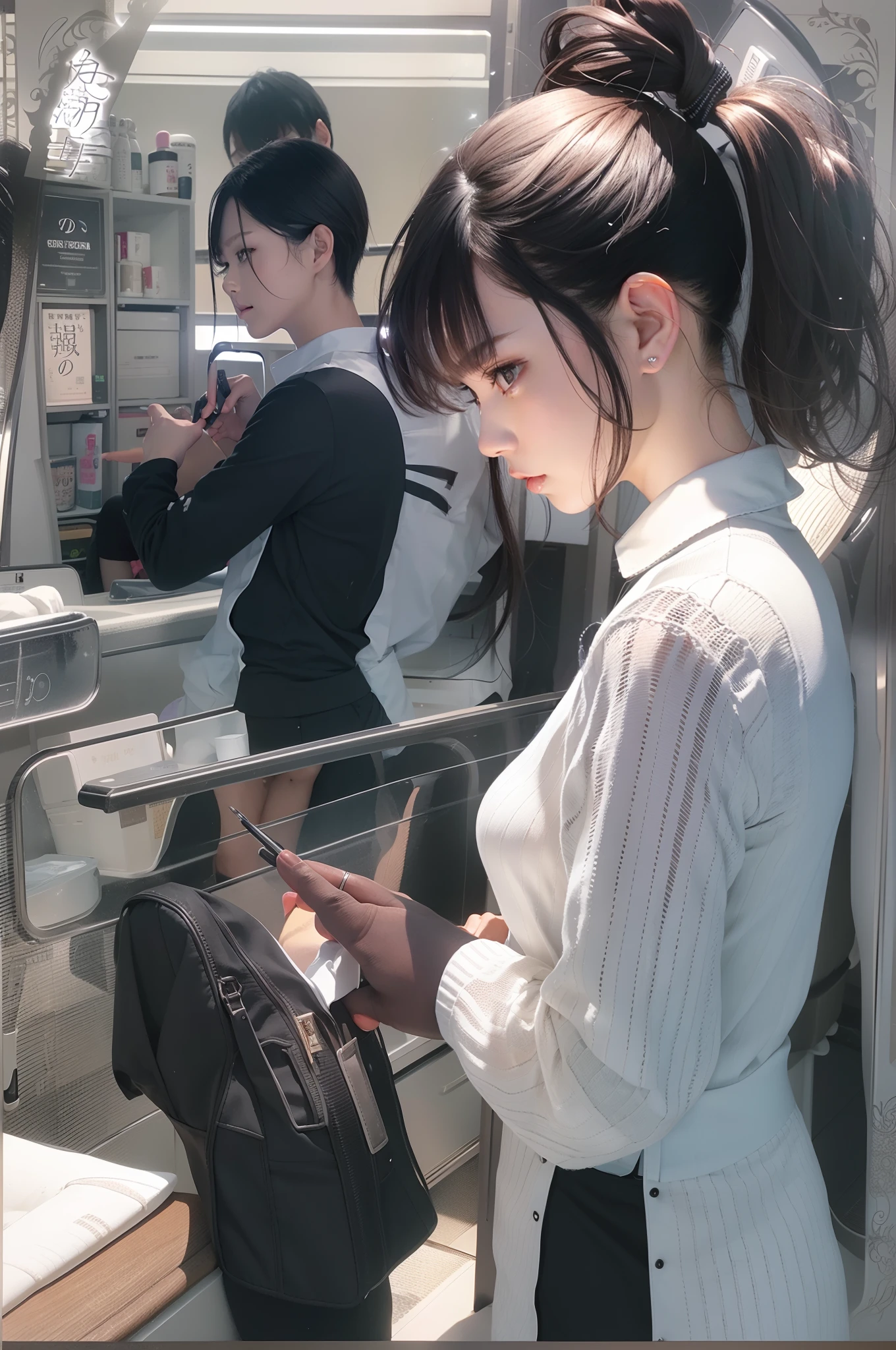 Work in a beauty salon、femele、short-cut、White shirt、Black pantaloons、back lighting、Looking at the camera