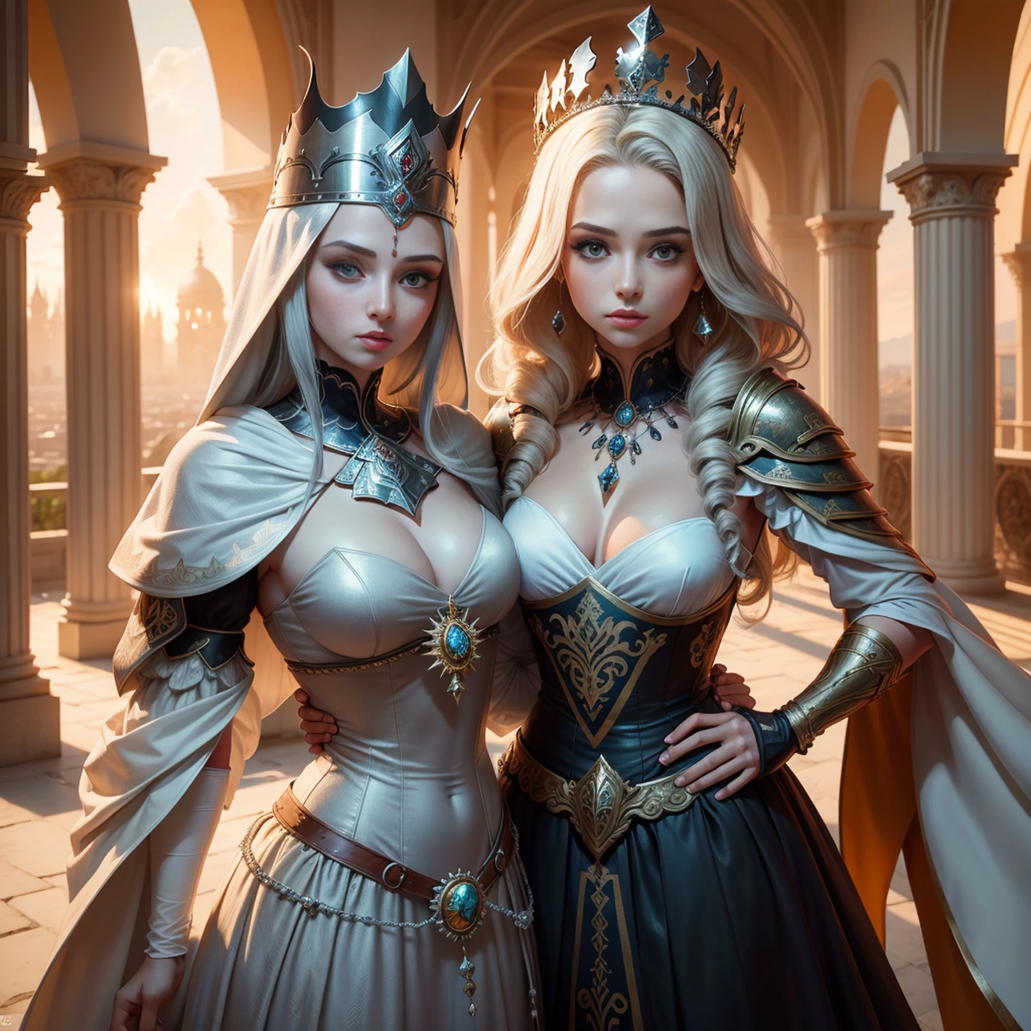 ((melhor qualidade)), ((obra-prima)), ((realista)), (Uma mulher elfa alta, de cabelo branco), corpo inteiro, olhos verdes, rosto feminino, (segurando uma espada e escudo), tampo esculpido em metal, aura real, trending on ArtStation, foco nítido, Studio photo, detalhe intrincado, muito detalhado, olho detalhado, illustration, muito detalhado, foco nítido, digital render, profissional, 4k, (obra-prima, qualidade superior, melhor qualidade, arte oficial, beautiful and aesthetic: 1.2), (armadura da rainha dourada, capa forrada de pele, jewelry crown: 1.2), graves, de frente para um castelo, fim de tarde, (sun sunset), de frente para o espectador, de corpo inteiro.