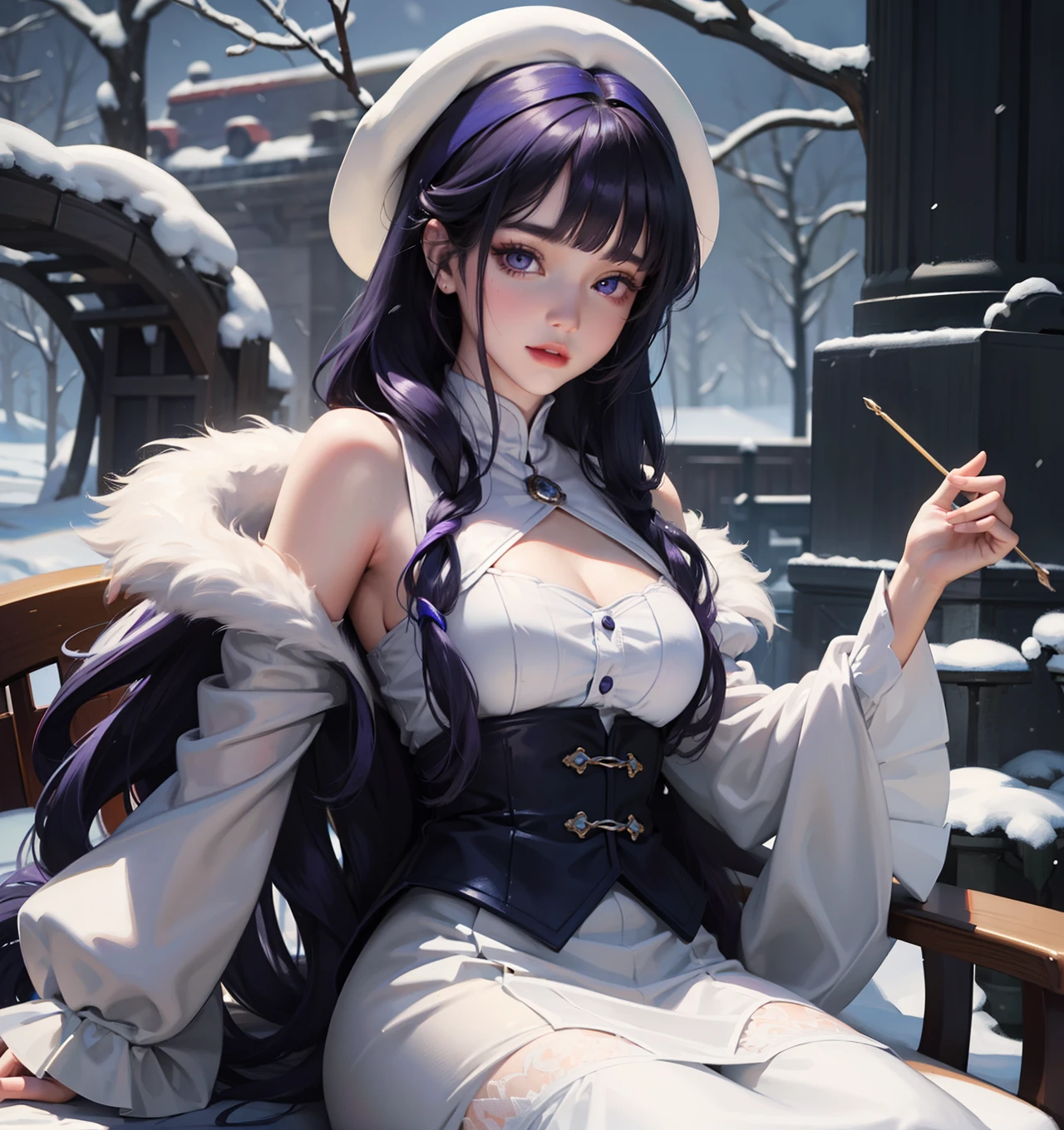 masterpiece, snow white ,(1girl:1.1), (extremely detailed:1.2), super hd, 8k, (intrincate details:0.8), hyper realistic, professional photo, exceptional, Blunt Bangs, purple eyes, long curly dark blue hair