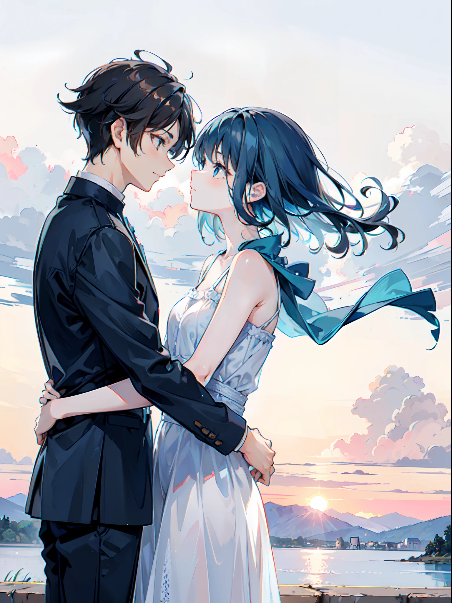 One Boy, one girls, Blue short-haired boy, Brown long-haired girl, Girl trying to hug a boy, sunrises, high-level image quality, top-quality, delicate illustration, Ultra-delicate, ​masterpiece,