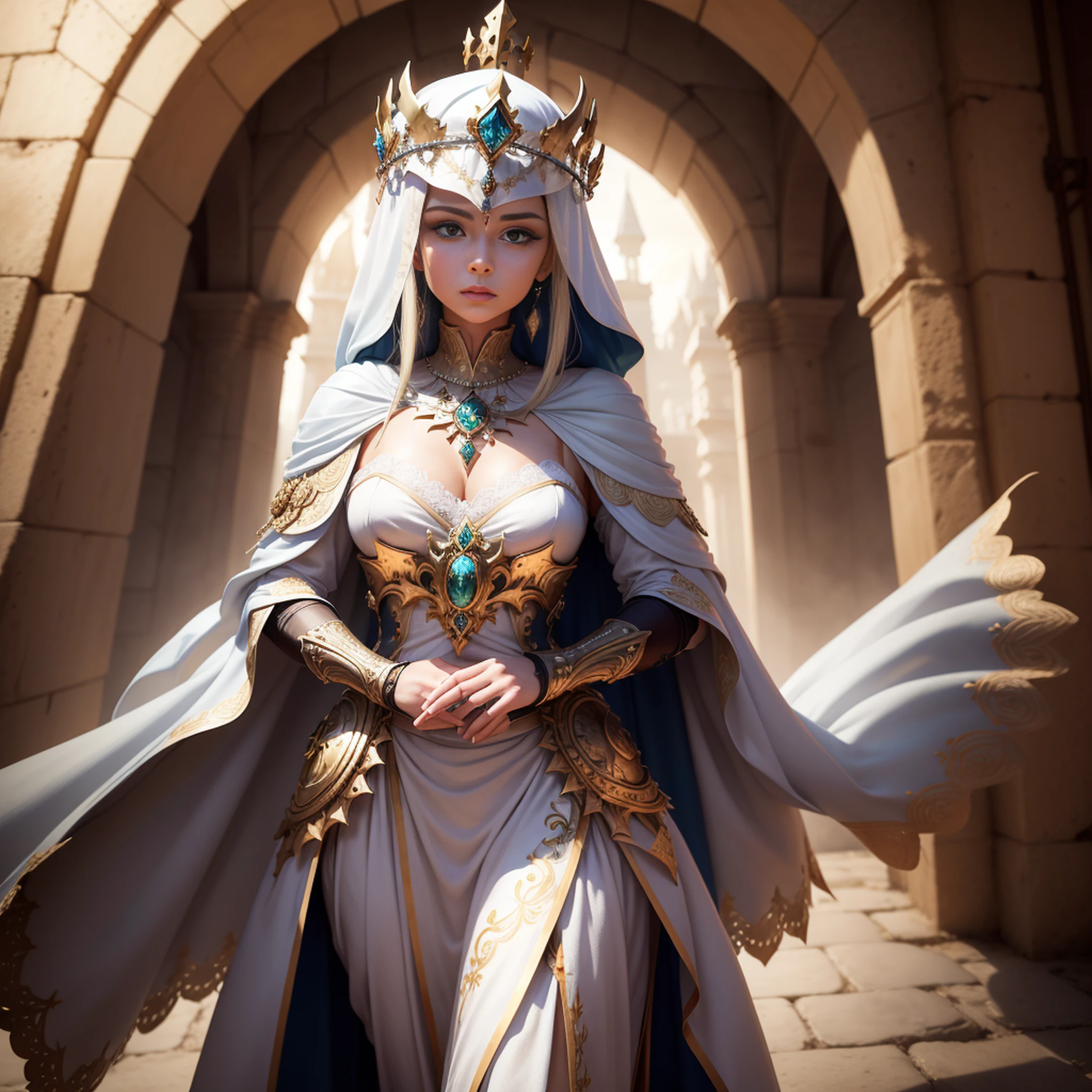((melhor qualidade)), ((obra-prima)), ((realista)), (Uma mulher elfa alta, de cabelo branco), corpo inteiro, olhos verdes, rosto feminino, (segurando uma espada e escudo), tampo esculpido em metal, aura real, trending on ArtStation, foco nítido, Studio photo, detalhe intrincado, muito detalhado, olho detalhado, illustration, muito detalhado, foco nítido, digital render, profissional, 4k, (obra-prima, qualidade superior, melhor qualidade, arte oficial, beautiful and aesthetic: 1.2), (armadura da rainha dourada, capa forrada de pele, jewelry crown: 1.2), graves, de frente para um castelo, fim de tarde, (sun sunset), de frente para o espectador, de corpo inteiro.