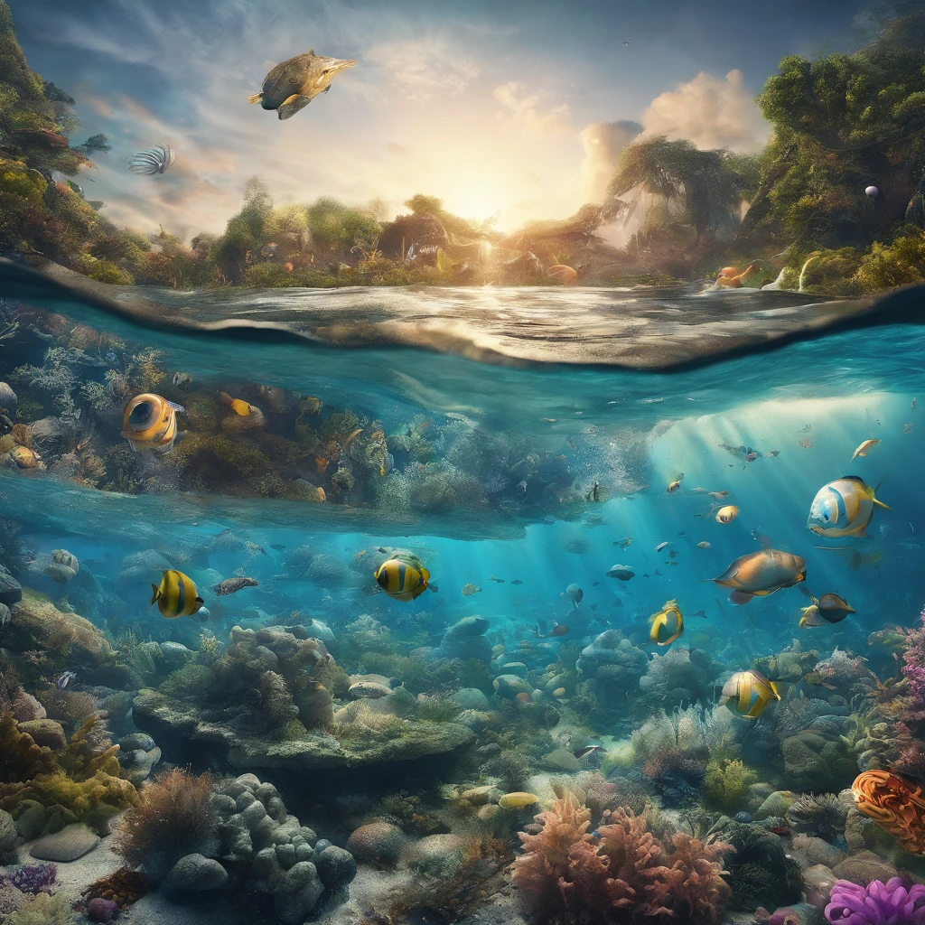 mundo aberto,Akalandis sob o mar,Fantastic colors,Depicting the celestial underwater world,Clear water fluctuations,Bubbles in the water float,tiro muito grande angular,Fantastic artistic expression,