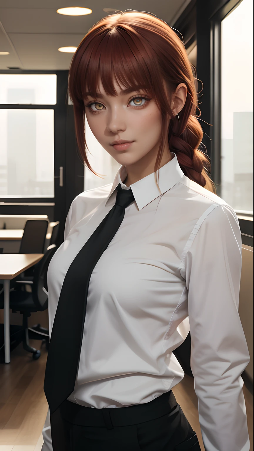 makima, makima, long hair, smile, bangs, (small breasts:1.2), (yellow eyes:1.2), braid, red hair, braided ponytail, ringed eyes, BREAK shirt, long sleeves, white shirt, necktie, collared shirt, pants, black pants, formal, suit, black necktie, shirt tucked in, office lady, BREAK indoors, office, BREAK looking at viewer, BREAK (masterpiece:1.2), best quality, high resolution, unity 8k wallpaper, (illustration:0.8), (beautiful detailed eyes:1.6), extremely detailed face, perfect lighting, extremely detailed CG, (perfect hands, perfect anatomy),