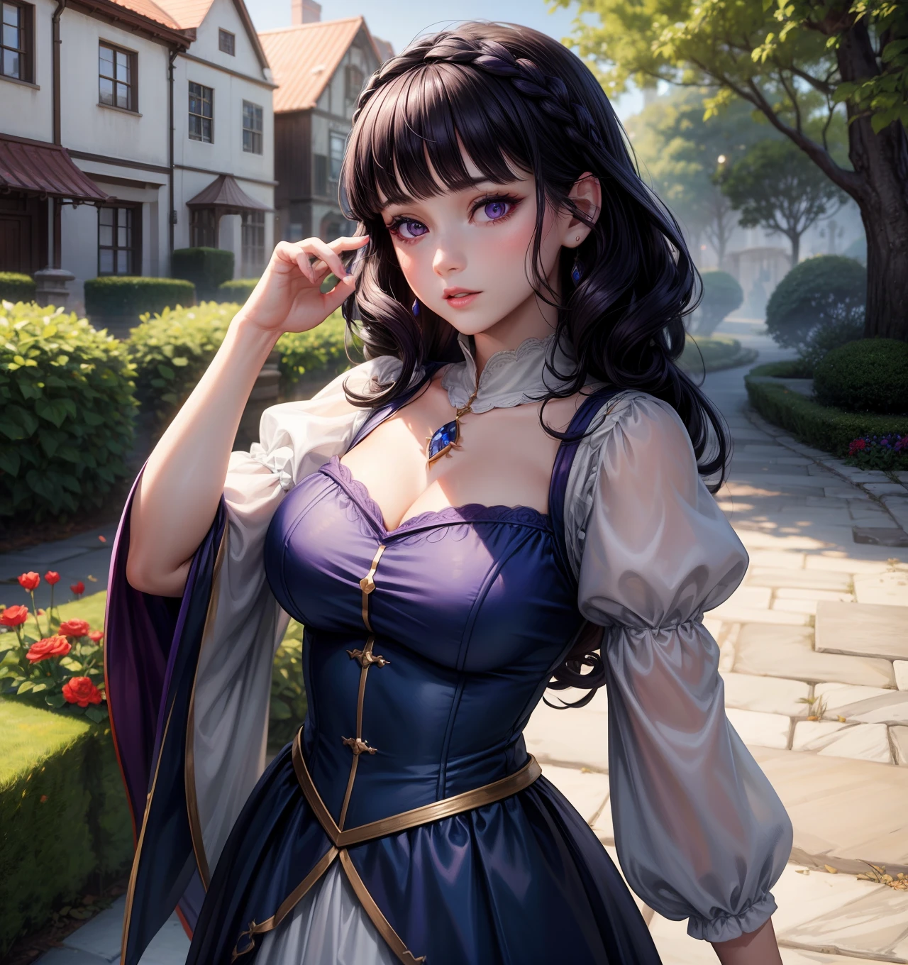 masterpiece, snow white ,(1girl:1.1), (extremely detailed:1.2), super hd, 8k, (intrincate details:0.8), hyper realistic, professional photo, exceptional, Blunt Bangs, purple eyes, long curly dark blue hair