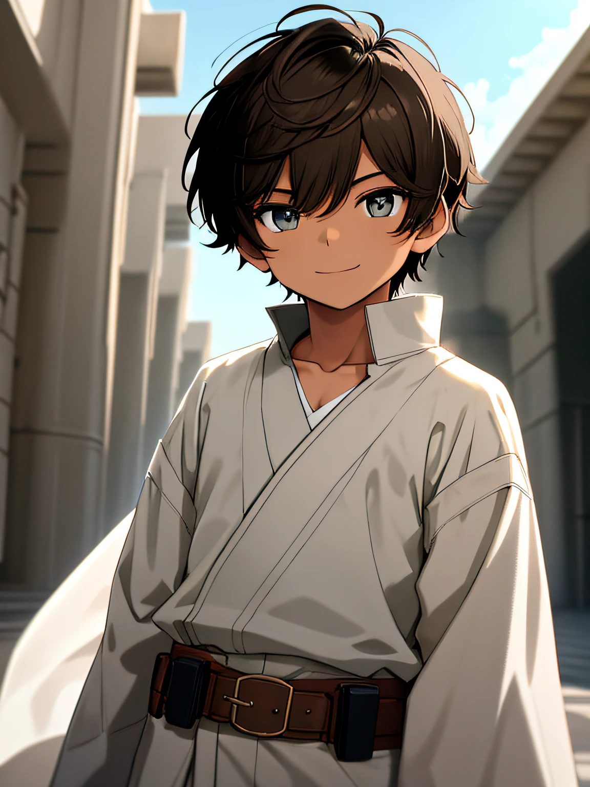 (masterpiece, Best quality), (depth of field: 1.2) 's whole body, (9-year-boy),enager's face, big delicate eyes, cyan eyes, open eyes, smooth delicate skin, small square face, friendly expression, childhood, smile, early age, short round face, flat chin, finely detailed face, slender body, short jet black hair, ((military haircut)) sunlight, vivid color, (depth of field: 1.2 ) smooth bottom, boy, Light skin. Majestic Jedi Temple, Jedi-style baggy brown pants and light brown cloth belt. Jedi robe, bronze-colored lightsaber, dark brown, light brown, and white clothing, loose-fitting long-sleeved V-neck shirt, face of a teenager, white and black tight shirt, tight clothing.