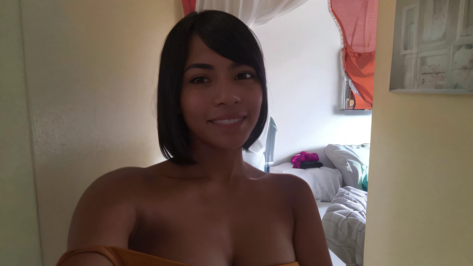 There is a woman holding a banana in her hand, con piel morena, very dark brown skin!, Foto de perfil, Tiro de busto, 30-year-old woman from cuba, Vista de perfil, pecho plano, light-brown skin, light brown skin!, Joven negra, con una sonrisa seductora, leve sonrisa linda, posando en un dormitorio
