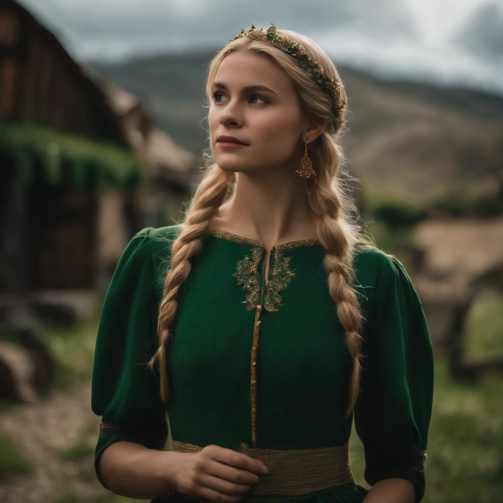 top-quality, masterpiece, ultra-detailliert, Girl Like an Elf, 独奏, cute little, Wearing hair ornaments, blonde hair, Green clothing, Being in a European village, Sad look