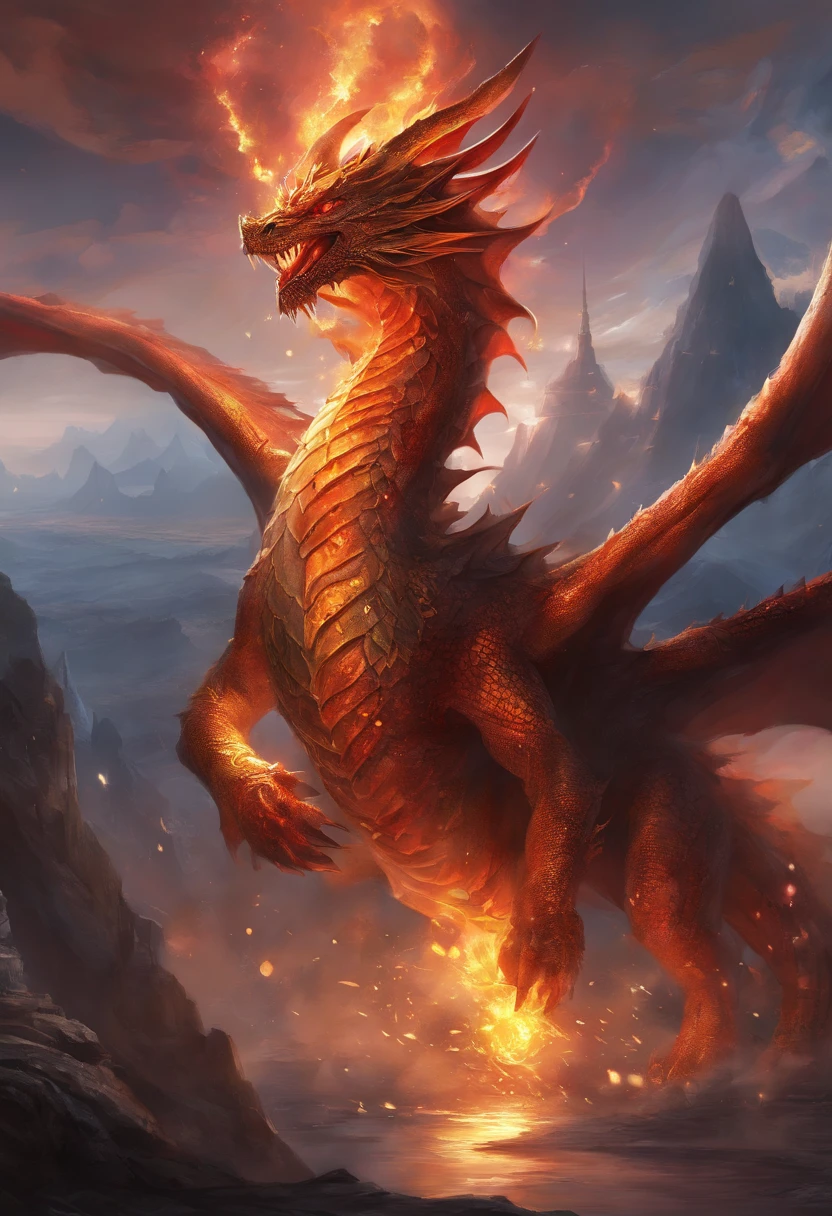 (Dragon Celestial Dorado) で (piercing red eyes),Close-ups to let go (Bloodfire) Through the nose,Bullmetric Scale,hightquality,8K,Many details,Fire Paticles,Alas,4 Honji,Spotted nails,golds,danger,the fire,sharpteeth,Giant dragon,Colossal,threatening,imposing,Blue Scale,Flamethrowing