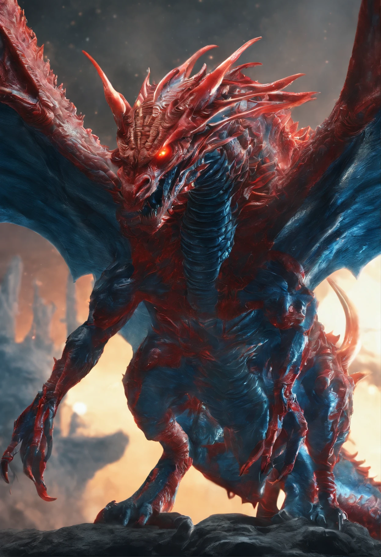 (Dragon Celestial Dorado) で (piercing red eyes),Close-ups to let go (Bloodfire) Through the nose,Bullmetric Scale,hightquality,8K,Many details,Fire Paticles,Alas,4 honji,Spotted nails,golds,danger,the fire,sharpteeth,Giant dragon,Colossal,threatening,imposing,Blue Scale