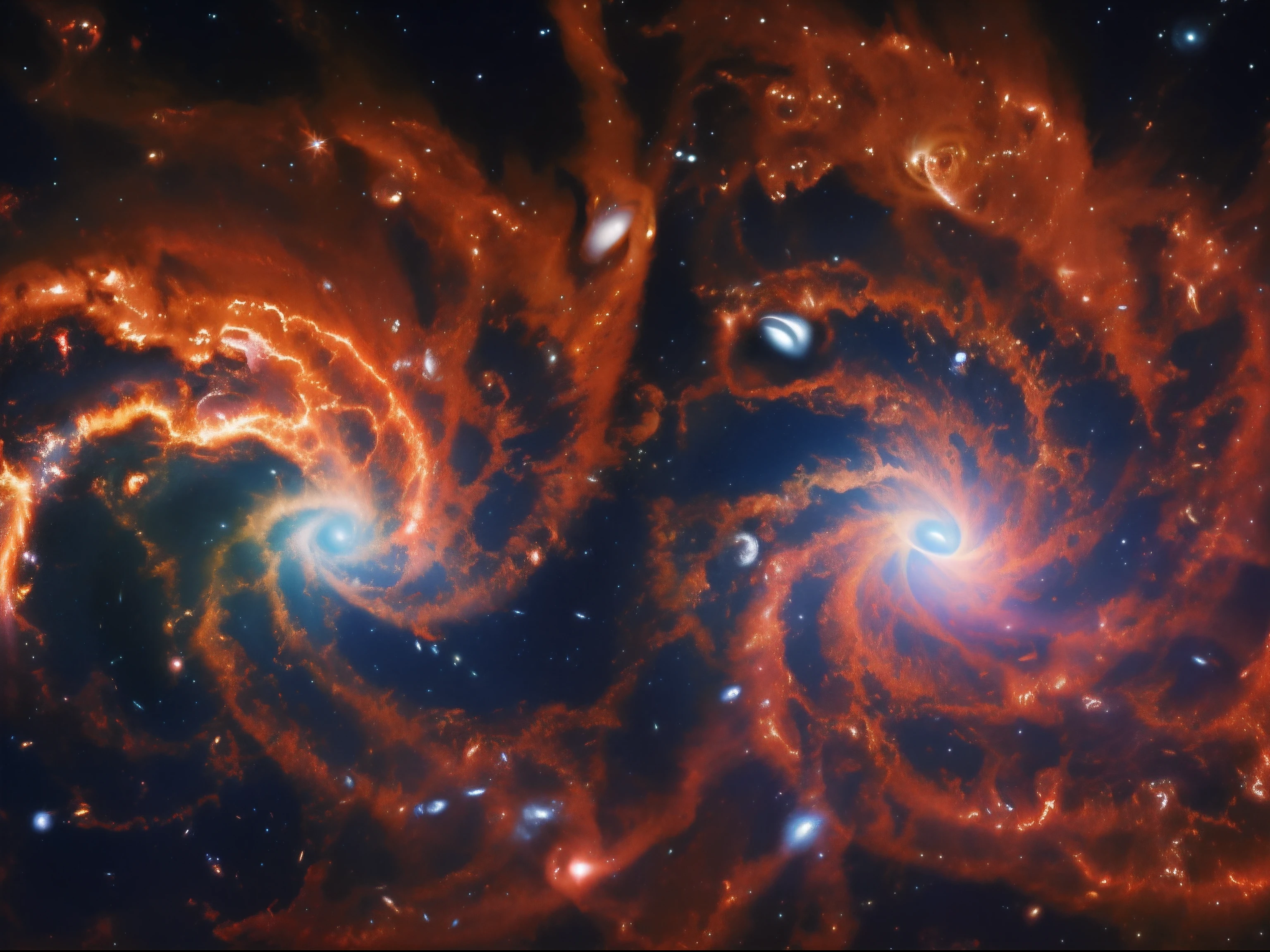 Two super nova colliding, space, several strong colors, a black hole at the center, universe, big bang,