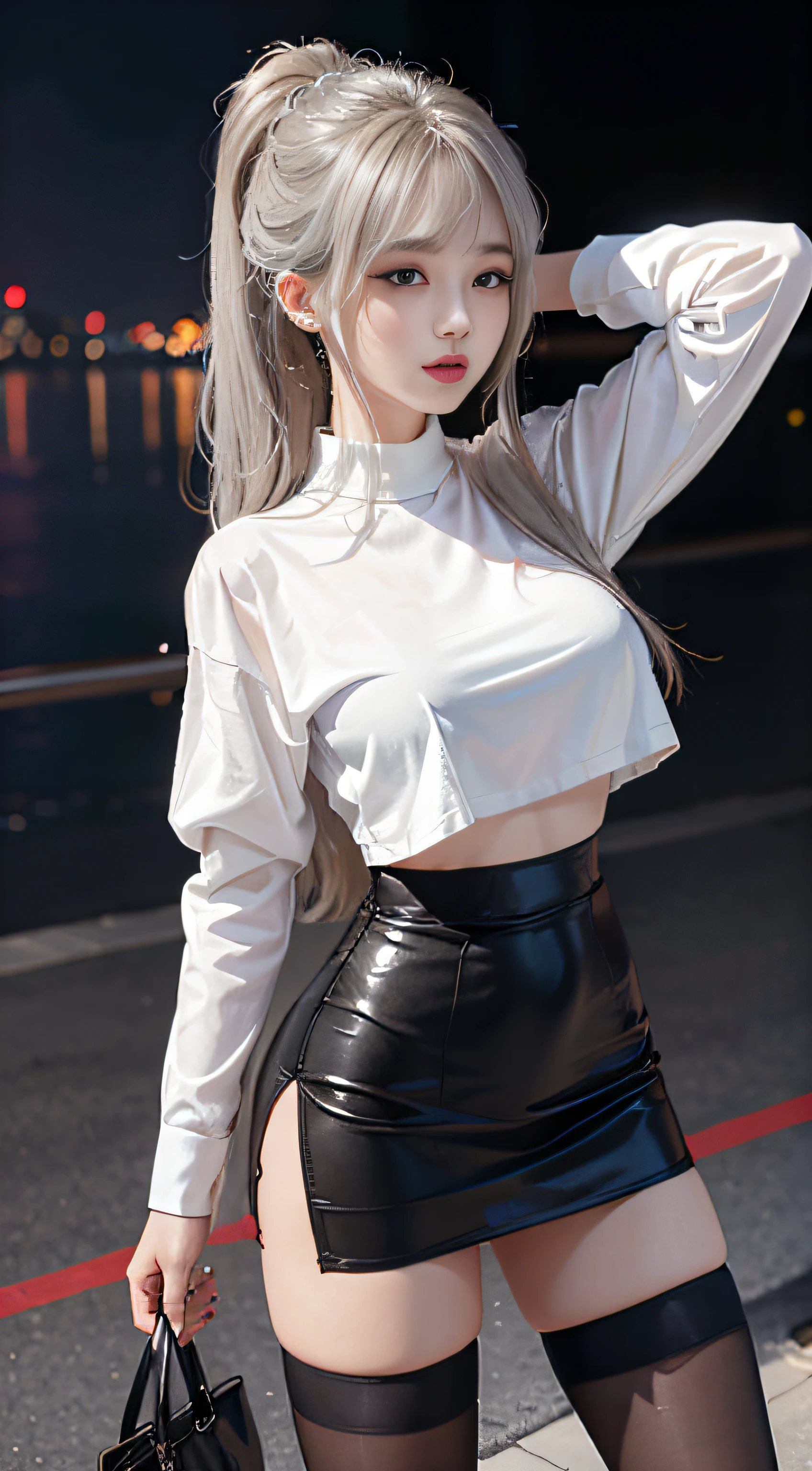 (Girl Standing In Office District)、((posterior view)), Silver hair, Bangs, Blunt bangs, Long straight hair, (side poneyTail)aqua eyes, longeyelashes, Solid Circle Eyes, makeup, Open mouth, blush, Parted lips, Bright pupils, smiley, Seductive smile, glint, surrealism, Modern,Career Woman、Black pantyhose、high-heels、(White loose crop top, Black tight skirt: 1.6)、Behind her is a street of skyscrapers、red blush)、(illuminating)、(独奏)、dynamicposes、((erectile nipple))、(Puffy eyes:1.2)、 (Slim legs)、erotick、nffsw、Highly detailed ambient occlusion、超A high resolution, A hyper-realistic, Highly detailed, (yawning), ((she is soaking wet)).(evening shower)