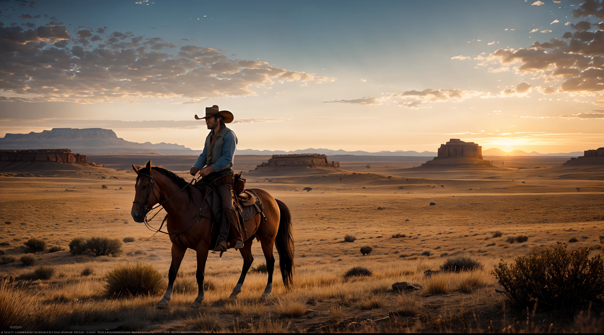 A cowboy who remembers John Marston from the game Red Dead Redemption is riding his horse in a beautiful western setting, Golden Hour, Sunset, Wide angle camera, dynamic composition, intricate details, ultra definition, ultra resolution, masterpiece, Captured by Panavision Panaflex Platinum Camera with Panavision Primo Primes Spherical Lens 50mm T1.9, depth of field, Cinematic Lighting, Western environment