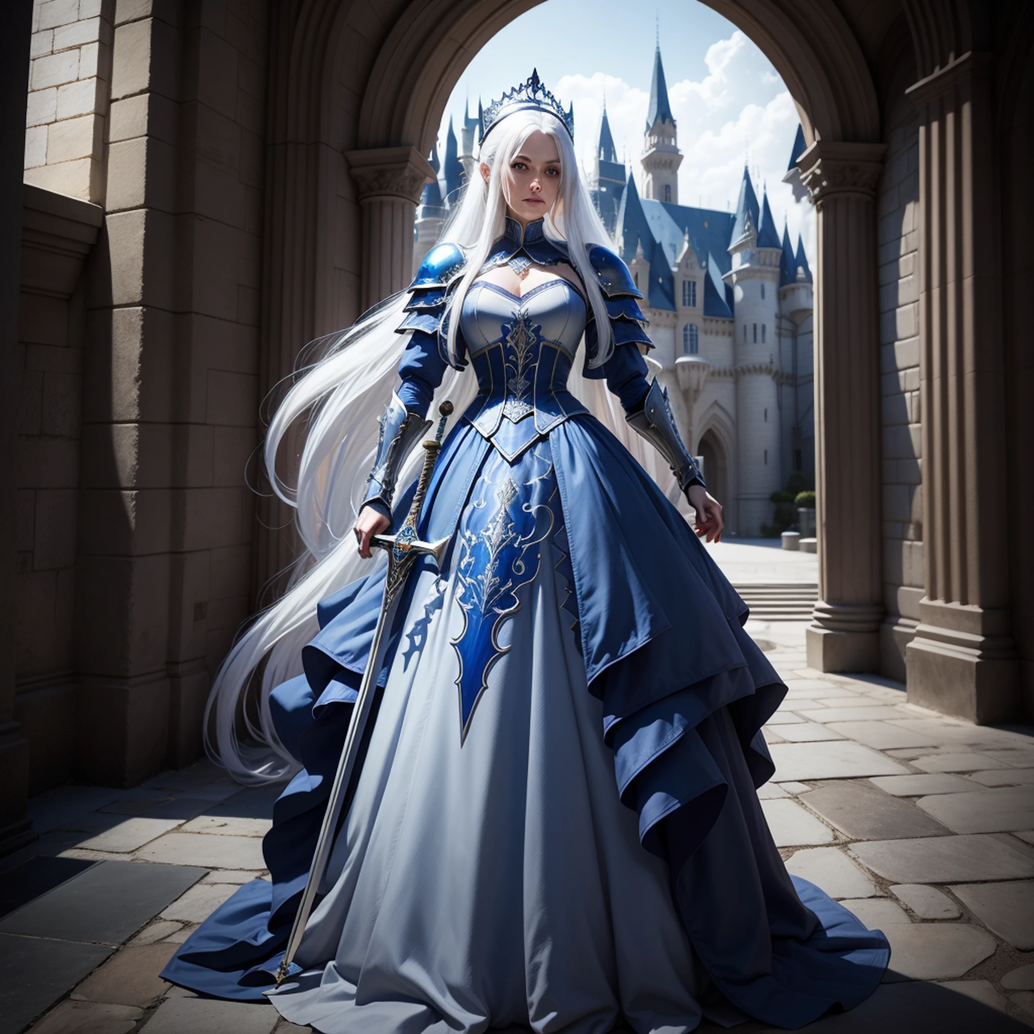 Joan Darc, blue armor, long white hair ,castle at night, Gothic Realistic ,4k holding a sword ,Full body