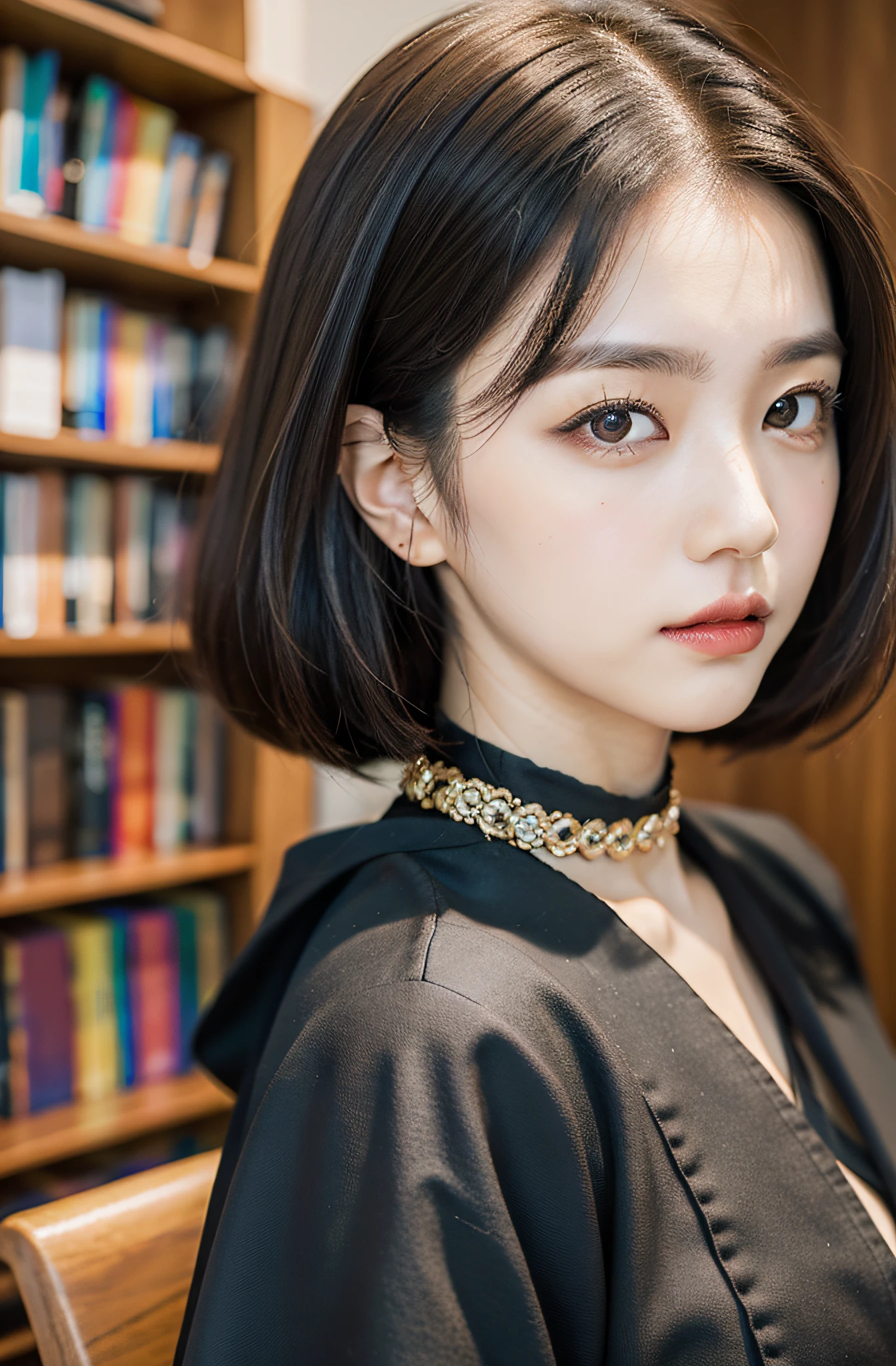 Bookshelf in background、Close-up portrait of Eri Kamei as a judge. She is adorned with the iconic black robe, White collar, and judicial wigs. Her face is the main focus, Show a serious attitude. Although the background is blurry、Propose a courtroom setting with wooden elements and possibly other court personnel. The lighting is soft, illuminating her face, Emphasizes the contrast between her fair skin and black robe. Colors should be rich and detailed, Focus on her facial expressions. Shots must be taken with an 85mm lens, F/2.8, ISO 100, Shutter Speed 1/100, With soft front light to capture her features in detail.
--ar 16:9 - V5.1 --Style raw --Q 2 --S 750