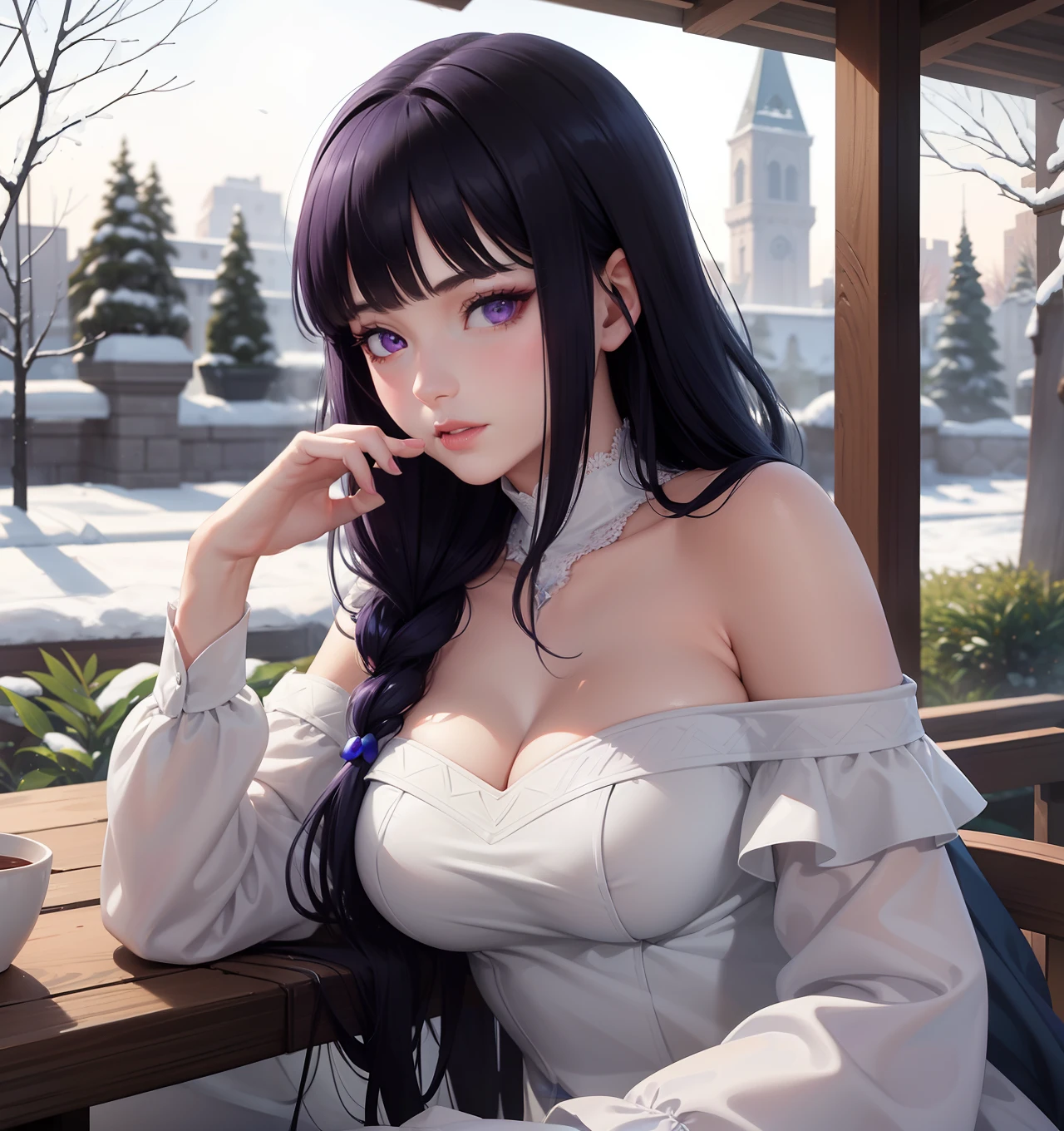 masterpiece, snow white ,(1girl:1.1), (extremely detailed:1.2), super hd, 8k, (intrincate details:0.8), hyper realistic, professional photo, exceptional, Blunt Bangs, purple eyes, long curly dark blue hair