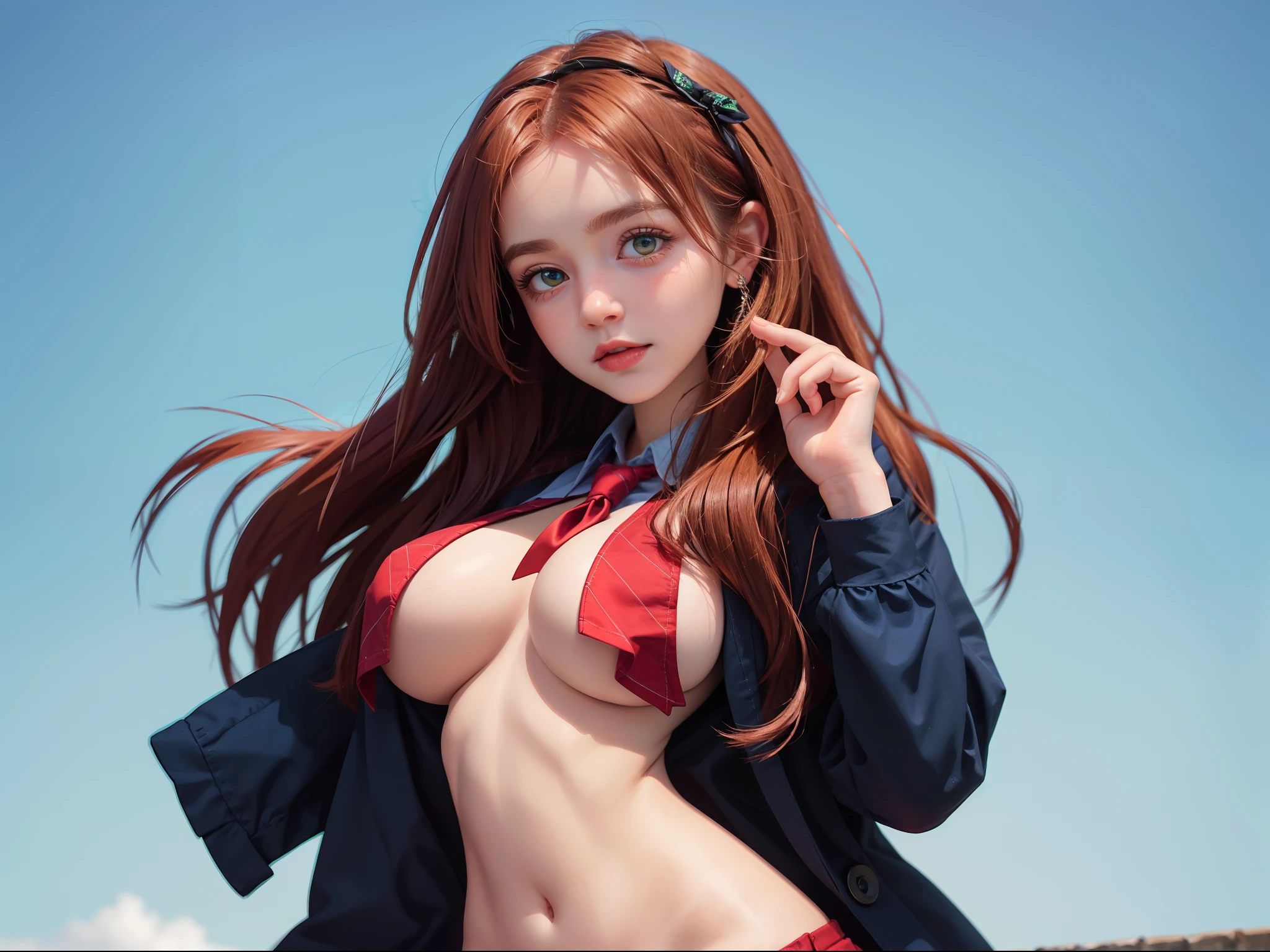 Protrait, photography, art by Anna Razumovskaya,redhead, ginger realdoll, upper half body, underboobs, beautiful baby girl face ,ginger, petite, cute face, oval jaw, delicate features, beautiful face, bright blue eyes, Anna Dittmann art, a medium breast, sensual look, school uniform, long red hair