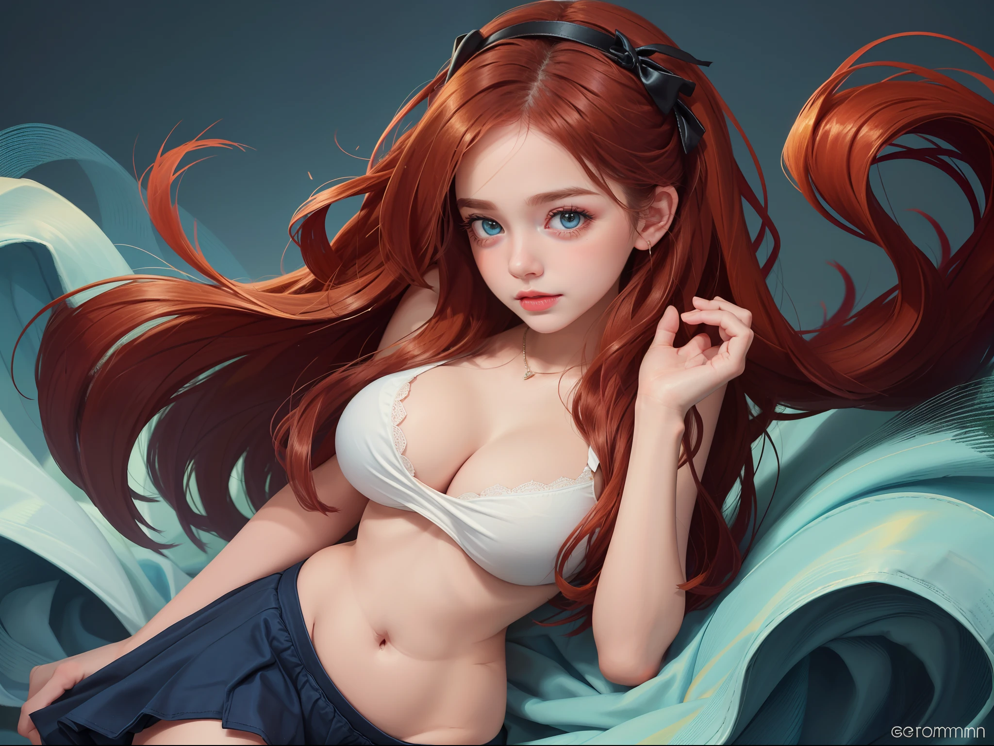 Protrait, photography, art by Anna Razumovskaya,redhead, ginger realdoll,  upper half body, underboobs, beautiful  girl face ,ginger, petite, cute face, oval jaw, delicate features, beautiful face, bright blue eyes, Anna Dittmann art, a medium breast, sensual look, school uniform, long red hair