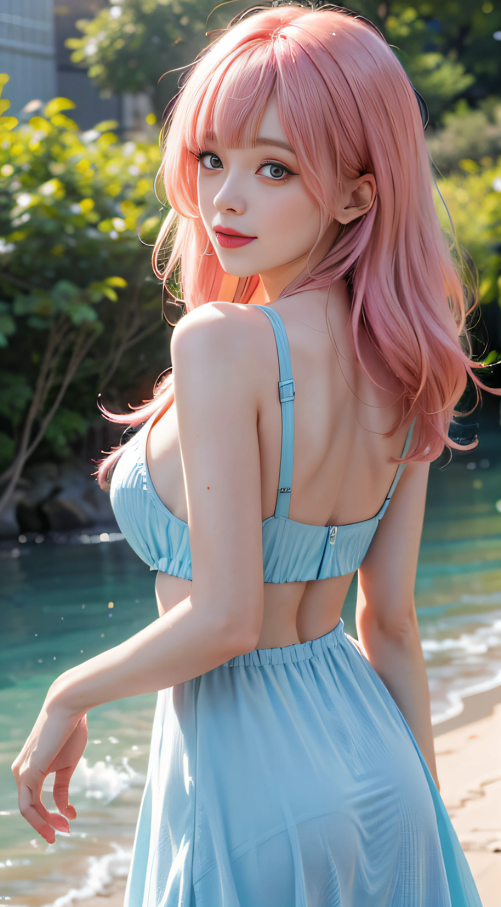 1girl, pink hair, blunt bangs, bangs, long hair, wet hair, makeup, light smile, parted lips, bright pupils, first-person view, wide shot, from behind, sideways, f/1.8, 135mm, Canon, UHD, retina, masterpiece, ccurate, anatomically correct, textured skin, super detail, high details, high quality, best quality, highres, 1080P, HD, 4K, 8k