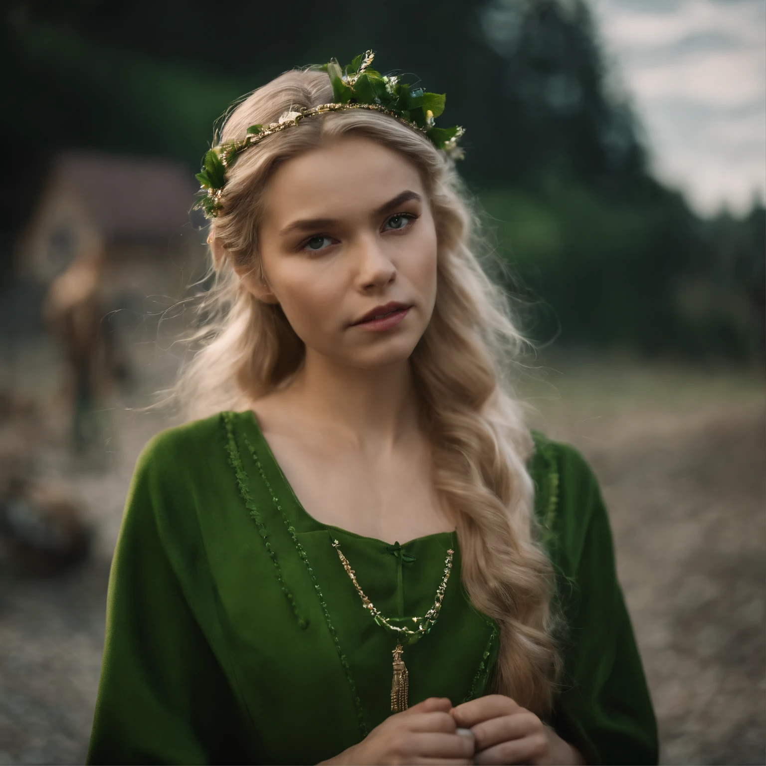 top-quality, masterpiece, ultra-detailliert, Girl Like an Elf, 独奏, cute little, a smile, Wearing hair ornaments, blonde hair, Green clothing, Being in a European village