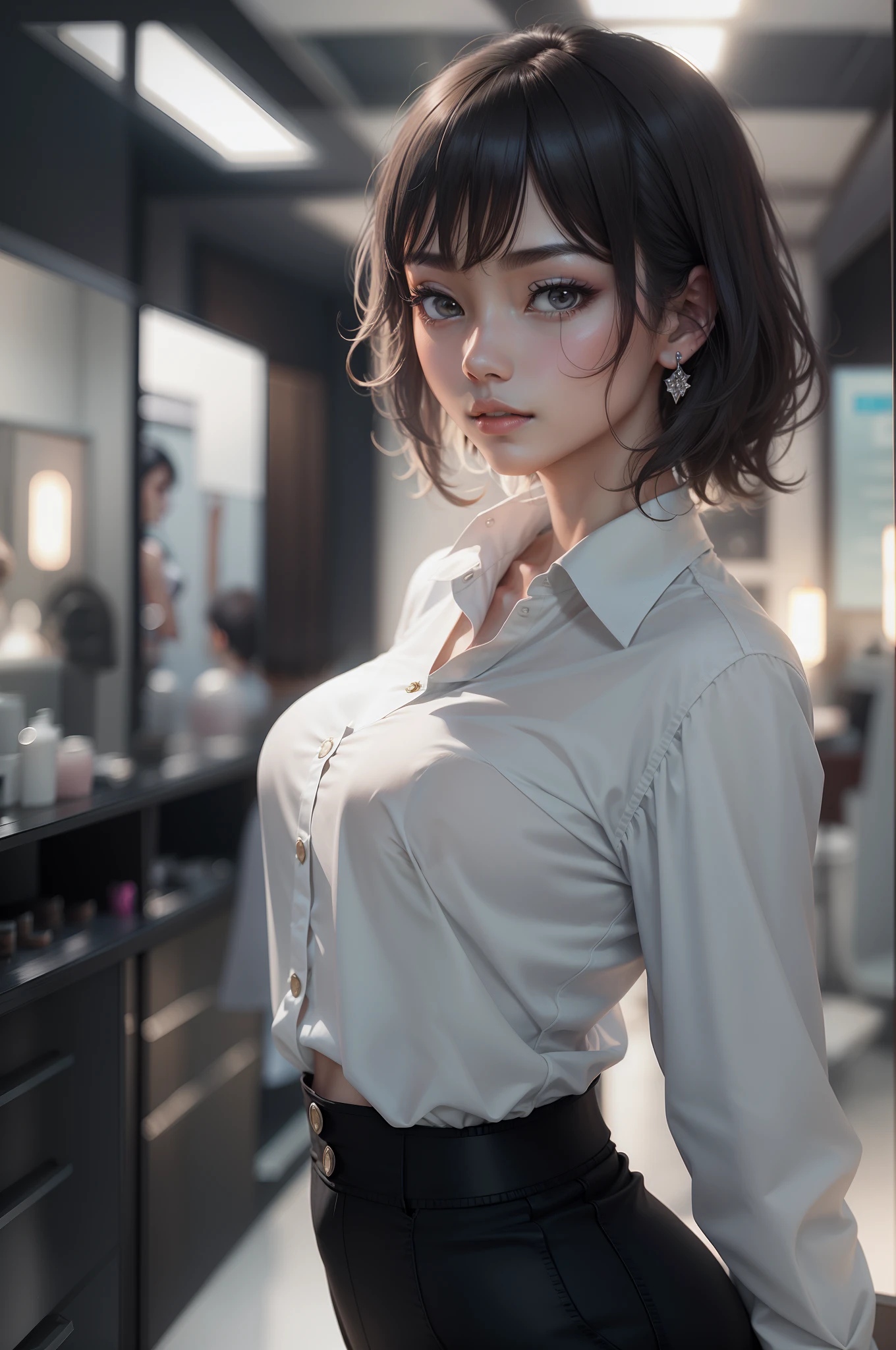 Work in a beauty salon、femele、short-cut、White shirt、Black Pantaloons、Back lighting、Looking at the camera