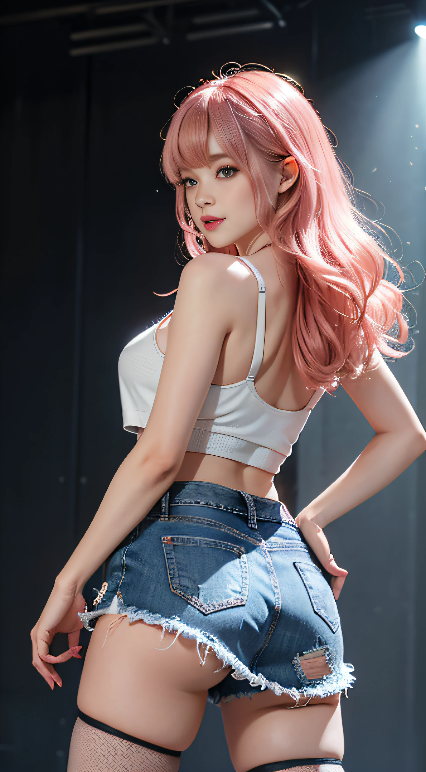(Woman Standing In Concert Hall)1girl in, Pink hair, Blunt bangs, Bangs, Long hair, Wet hair, makeup, lightsmile, Parted lips, Bright pupils, One-person viewpoint, Wide Shot, from behind, Sideways, F/1.8, 135 mm, canon, nffsw, retinas, masutepiece, ccurate, Anatomically correct, Textured skin, Super Detail, high details, High quality, Best Quality, hight resolution, 1080p, hard disk, 4K, 8K、Tank tops、Denim Mini Skirt、Torn fishnet stockings up to the waist、high-heels
