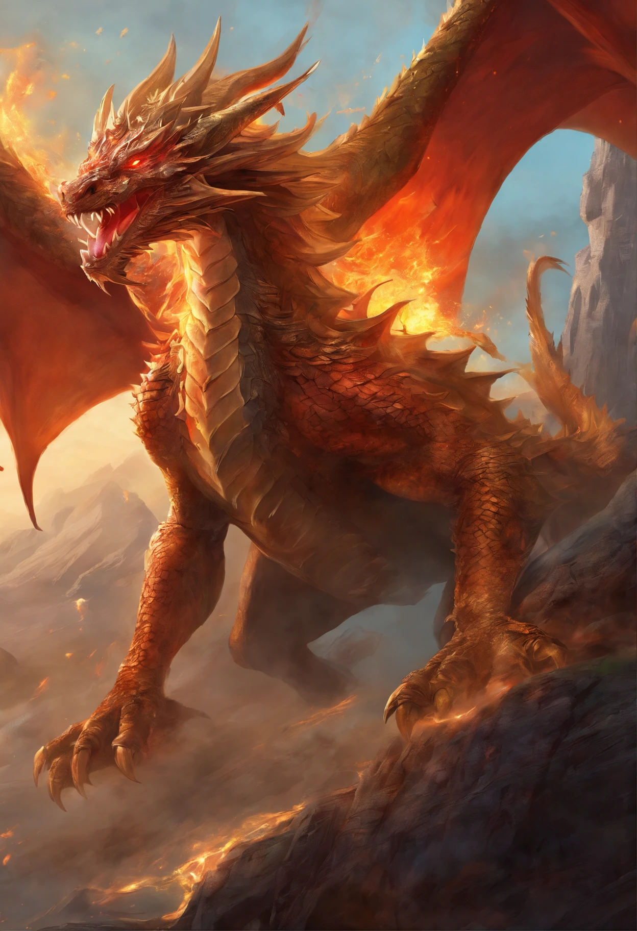 a poster of a dragon with a man standing in front of it, Dragon Chinoes fighting, Dragon Chino concept art, dragon art, Dragon in the background, dragons flying in the sky, god of dragons, chinese fantasy, dragons, Dragon Chino, Majestic Japanese dragon, by Yang J, dragons flying around, battle with the dragon, dragon oil painting, Colossal dragon as a background.