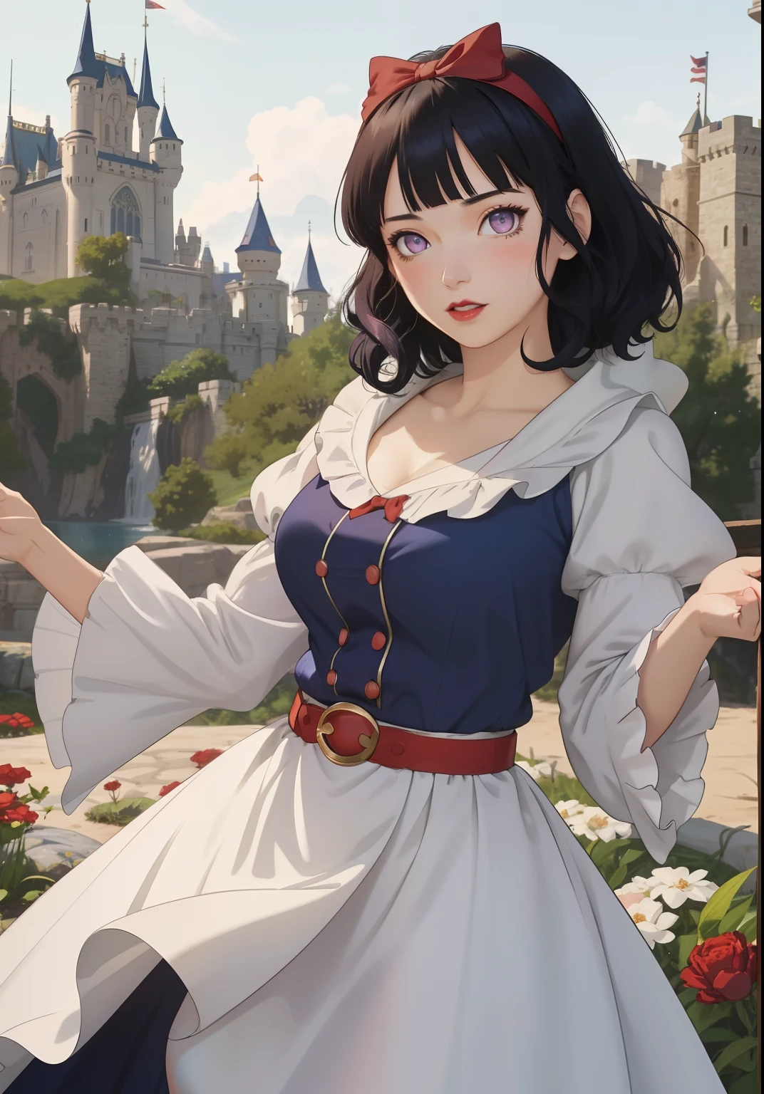 (snow white Waifu:1), surprised, beautiful pose, looking at the viewer, thick thighs, ( dress,Luffy sleeves:1.3), (short curly dark blue hair, Blunt Bangs,red hairband with bow)
(realistic: 1.2), (realism), (masterpiece: 1.2), (best quality), (ultra detailed), (8k, 4k, intricate), (full-body-shot: 1), (Cowboy-shot: 1.2), (85mm), light particles, lighting, (highly detailed: 1.2), (detailed face: 1.2), (gradients), sfw, colorful, (detailed eyes: 1.2), princess snow white

(detailed landscape, garden, plants, castle: 1.2), (detailed background), detailed landscape, (dynamic angle: 1.2), (dynamic pose: 1.2), (rule of third_composition: 1.3), (line of action: 1.2), wide shot, daylight, soil, Blunt Bangs, purple eyes,dark blue hair,soft red lips,white skin