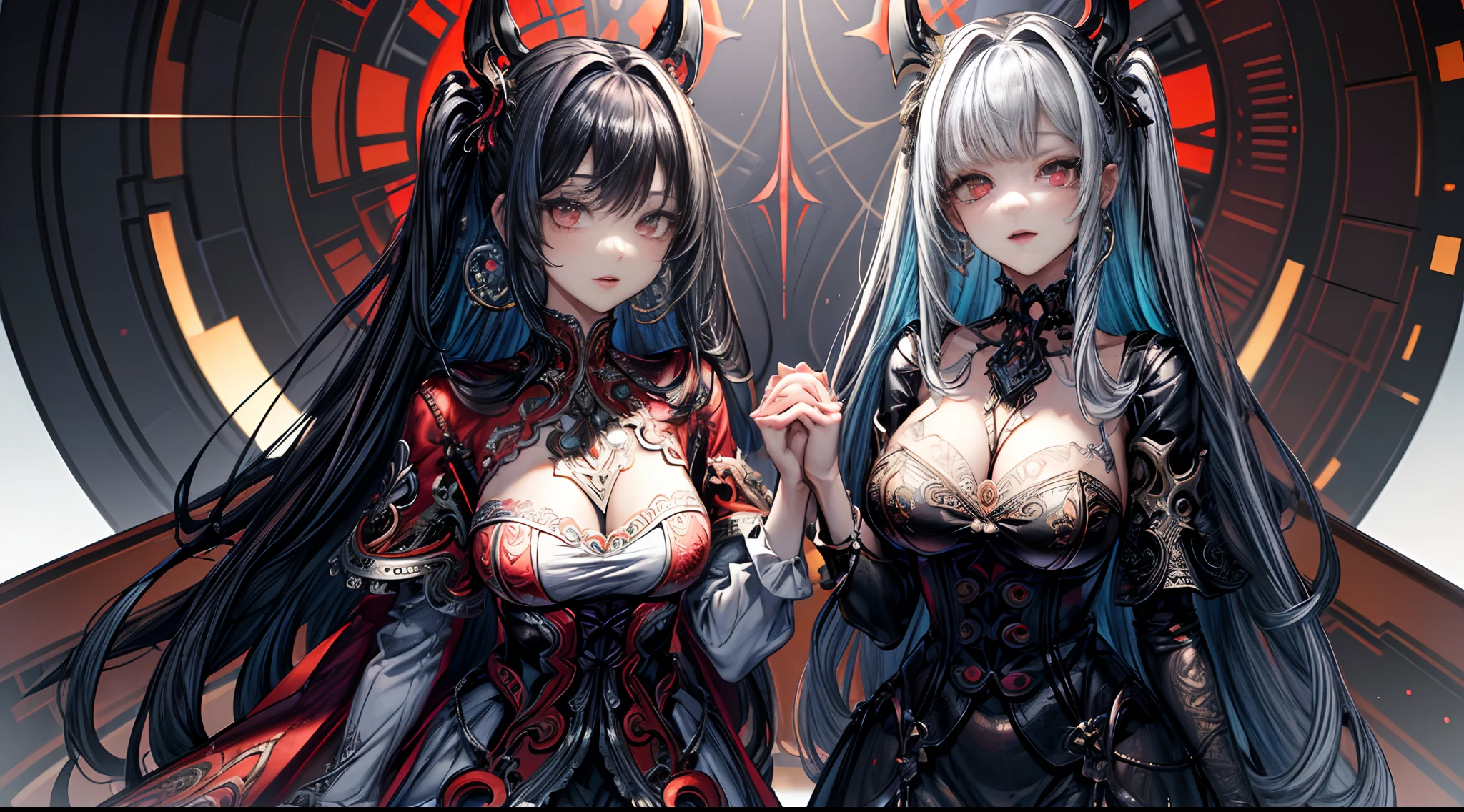 (Maximalism:1.5), (masterpiece), (best quality:1.1), (ultra-detailed:1.1), (an extremely delicate and beautiful),  2girls, holding hands with each other, twins, black hair, medium hair, glowing red eyes, black oversized hoodie, white oversized hoodie, choker, sparkling earrings in ears, large gear background, super high quality, super fine detail, super fine background, incredible So absurd,
