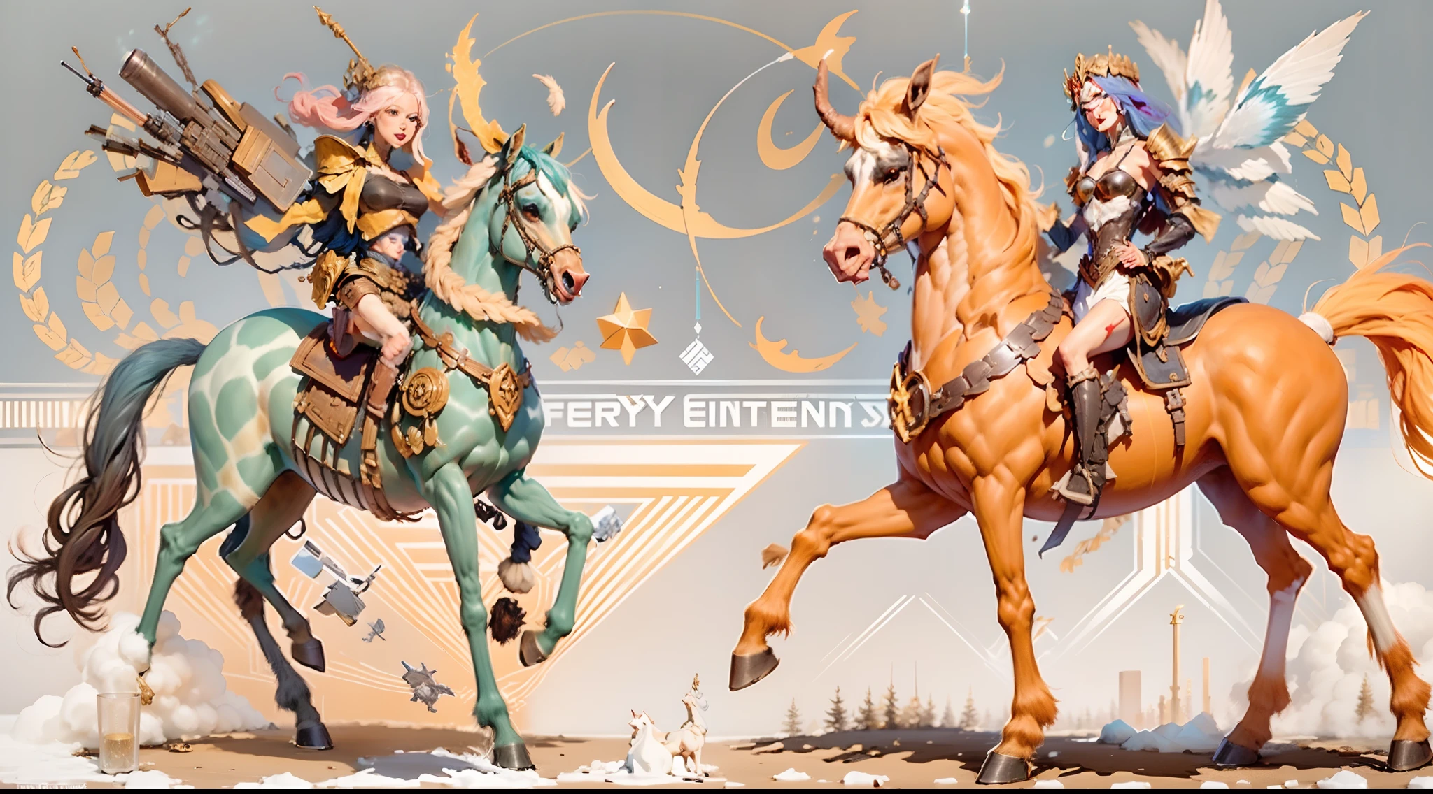 In the beautiful illustration of this super-grand scene，The ultra-long-range lens is shown（Over eight unique centaur characters：9.9），They all have their own characteristics，Vivid and interesting。Radiant angelic centaurs from the heavenly realm，To the hellish centaurs surrounded by nightmarish flames，And then to the Wind Fairy Centaur dancing in the air，There are also one-horned centaurs surrounded by thunder and lightning，and mechanical centaurs that shine with metallic light，And then to the powerful dragon centaur with colored dragon scales covering the whole body，The elegant and agile elf centaur always wears a flower crown with its slender graceful lines，Enchanting and charming Tiflin centaurs。Each character has their own unique charms and abilities。The illustration uses advanced artistic techniques and tools，（Divide the scene into sections by geometric arrangement：9.9），Each section corresponds to a centaur character，This makes more efficient use of space。Through Midjourney's advanced brush tools、Color palette、Material packs and model packs，For each centaur, beautiful props are designed to increase racial characteristics、Clothing and physical features，Enhances the character's personality and visual appeal。The scenery in the illustrations is stunning，There are changing skies、rainbowing、extreme light、Stars and Moon。Incorporating iconic landmarks such as Mount Everest，and fireworks、tranquil lake、Natural and urban elements of waves and neon lights，Creates a magical atmosphere。The centaurs display their unique abilities and equipment in a variety of environments，This is true even in extreme alien landscapes。（Use Midjourney's tools、Material packs、Texture tools、The color palette makes depicting details vivid and realistic：9.9），From complex hairstyles and as well as different racial traits、Body、Appearance features、Clothing to real textures，This greatly enhances the realism of the characters and surroundings。The fusion of multiple art styles adds movement to the centaur's
