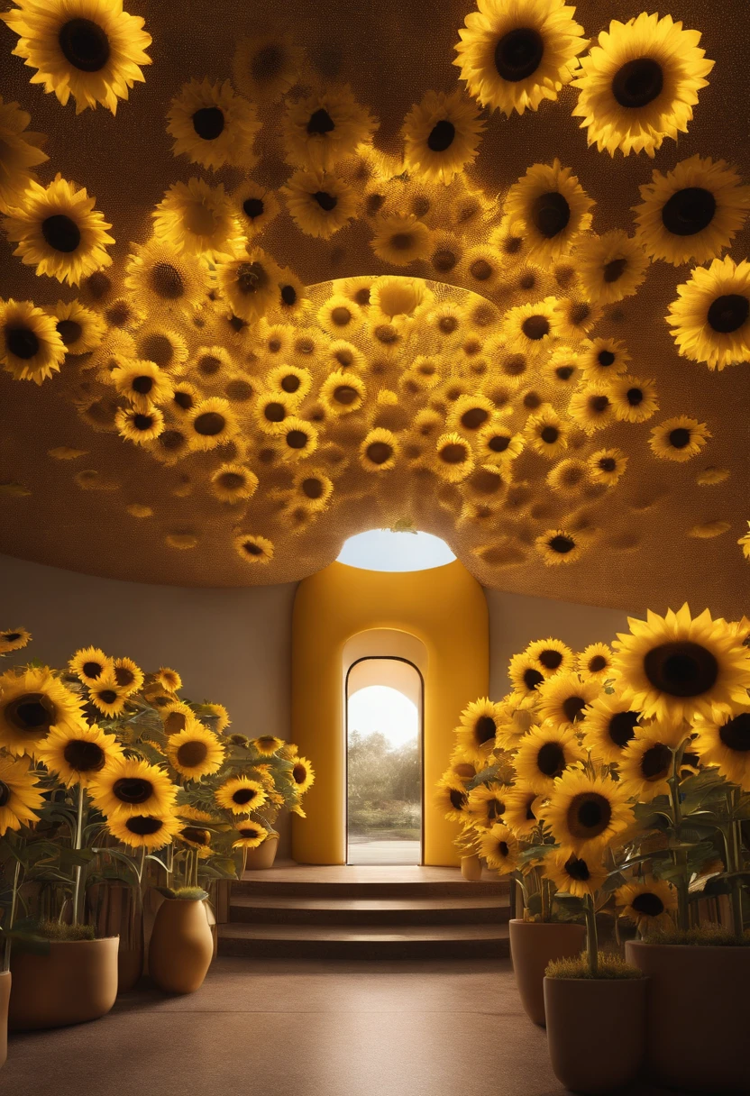 A Sunflower House Gloria Studio, The garden is full of sunflowers, material de argila, estilo de design cartunesco, POP Mart, soft lighting, linhas suaves, Lentes Tilt-Shift, detailed science fiction illustrations, Detalhes hiper-realistas, cor quente