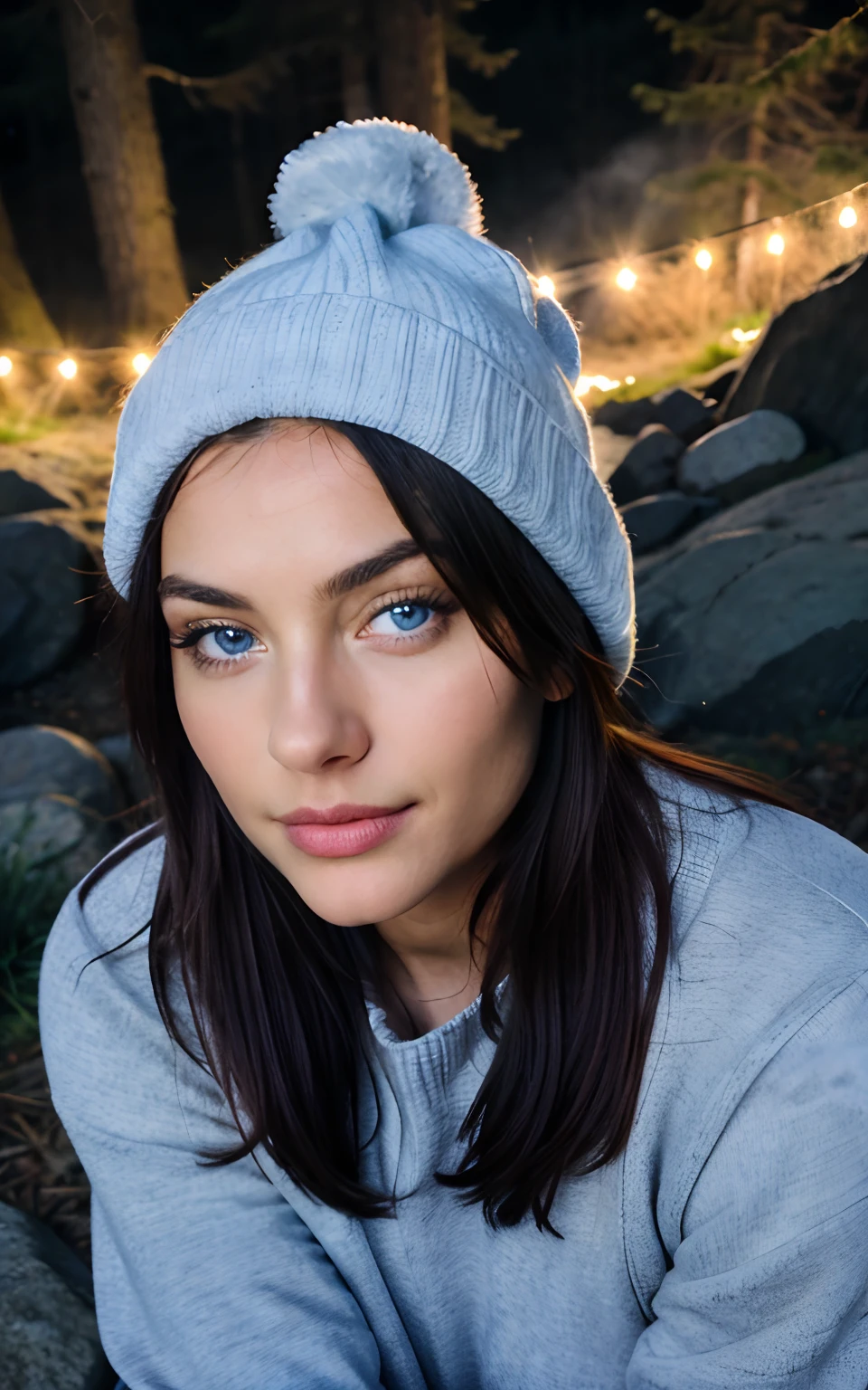 photorealistic, best quality, blue eyes,hyper detailed, beautiful woman, selfie photo, upper body, solo, wearing pullover, outdoors, (night), mountains, real life nature, stars, moon, (cheerful, happy), sleeping bag, gloves, sweater, beanie, flashlight, forest, rocks, river, wood, smoke, fog, clear sky, analog style, looking at viewer, skin texture, film grain, close up, ultra high res, best shadow, RAW, instagram LUT