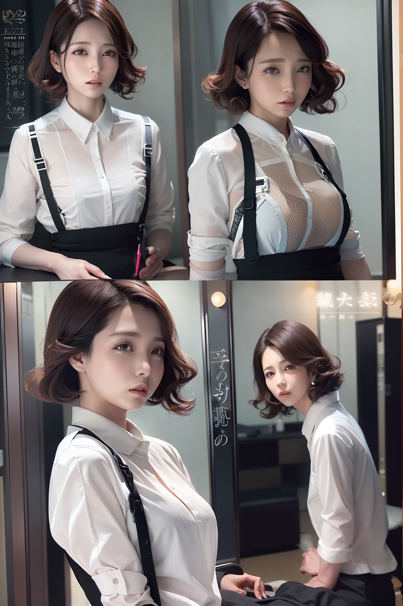Work in a beauty salon、femele、short-cut、White shirt、Black Pantaloons、Back lighting、Looking at the camera