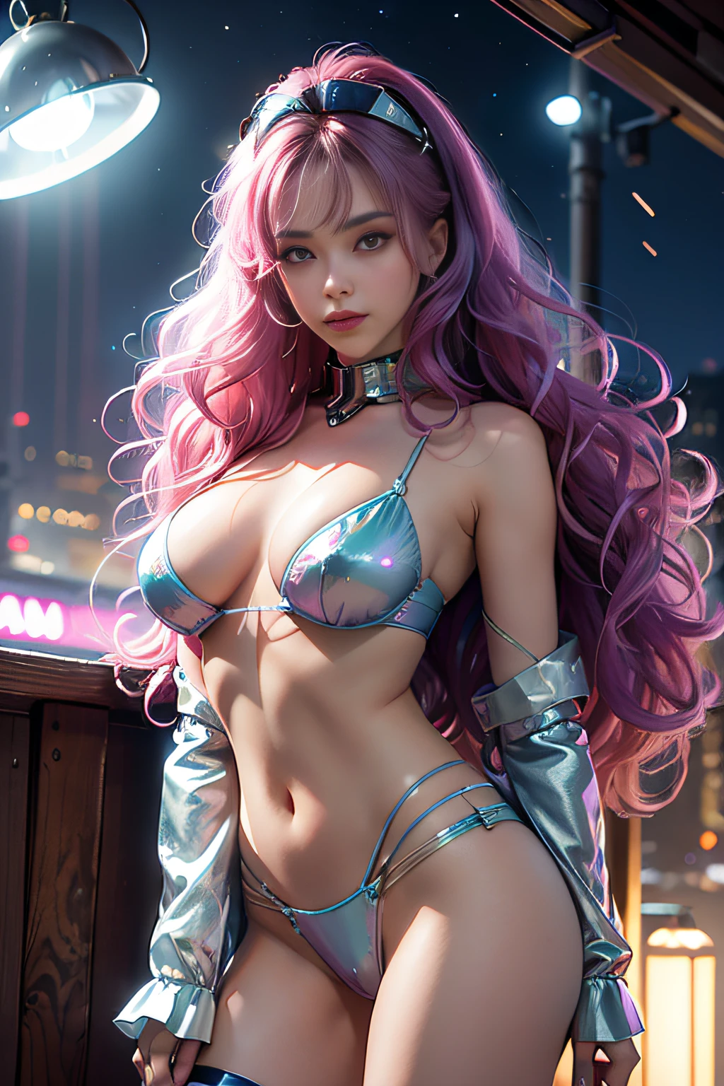 obra-prima, melhor qualidade, 1girl, ives , Mecha, beautiful lighting, (Neon light: 1.2), (noite: 1.5), "obra-prima, melhor qualidade, 1garota, retrato de corpo inteiro, pose sensual, olhos azuis, cabelo multicolorido+prata:1.3+vermelho:1.2+roxo+amarelo:1.3+verde:1.3, pernas esculpidas e curvas tentadoras, seios fartos, rosto bonito, many drops of water, nuvem, Twilight, plano aberto, Aquarela, Neon light:1.2, noite:1.5, Mecha, beautiful lighting, luz neon brilhante: 1.2, unforgettable mysterious night: 1.5"