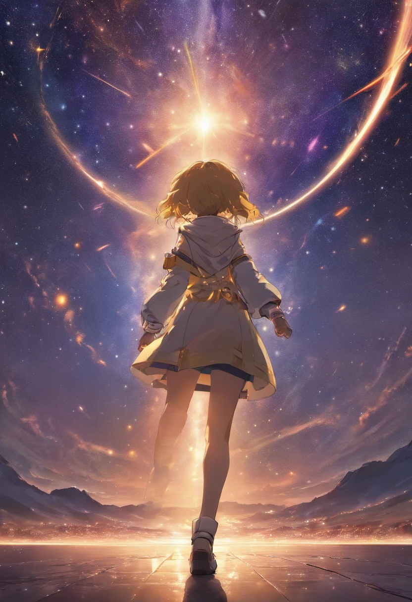 The starry sky of the galaxy，Magnificent standing figure (garoto), Luz das estrelas cintilante，Ilimitado，fantastic view、Rear view