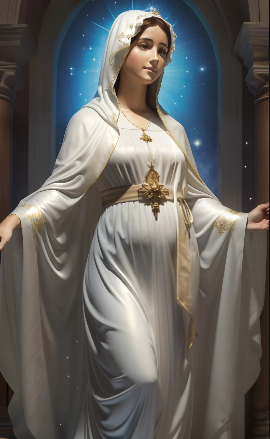 (((Blessed Virgin Mary of Mount Carmel))) Obra maestra, (La mejor calidad: 1.2), (super fine: 1.2), illustration, (extremadamente delicado y hermoso: 1.2), movie angle, flotante, (Hermoso ojo de detalle: 1.1), (detalle luz: 1.1), Movie Lights, Cielo delicado, ojos azules, (Cola de caballo alta: 1.1), capa, ojuelos, cielo estrellado, (light particles: 1.1) dibujo, flor. (Obra maestra), (La mejor calidad), (fotorrealista:1.3), 8k, Textura detallada de la piel, Textura detallada de la tela, Hermosa cara detallada, Detalles intrincados, Ultra detallado (cuerpo de cuerpo entero:1.2)