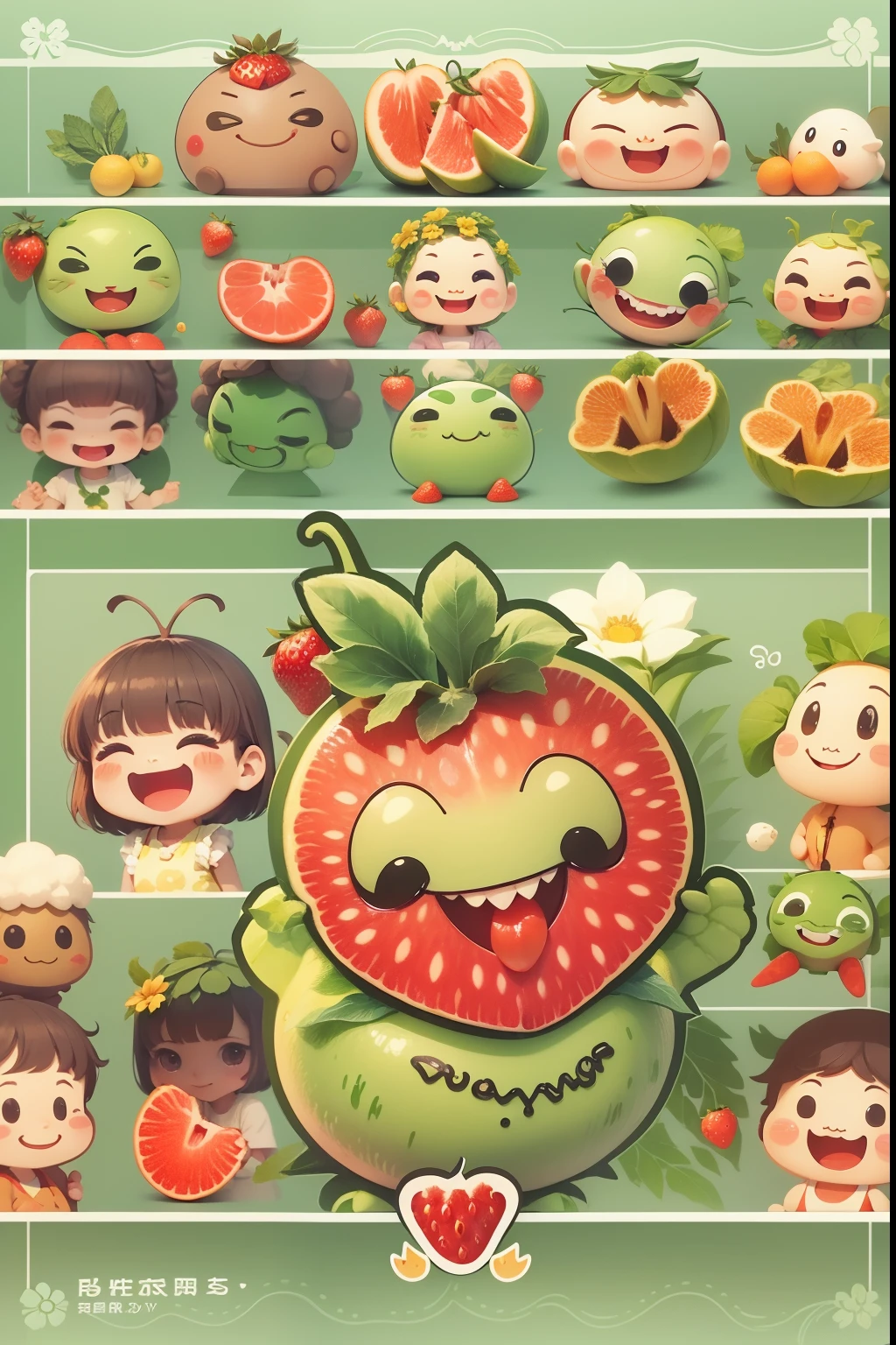 Cute fruit and vegetable characters: Fruits and vegetables become cute characters、Design that invites a smile。NP、Sticker design with strawberry character drawn with a smile