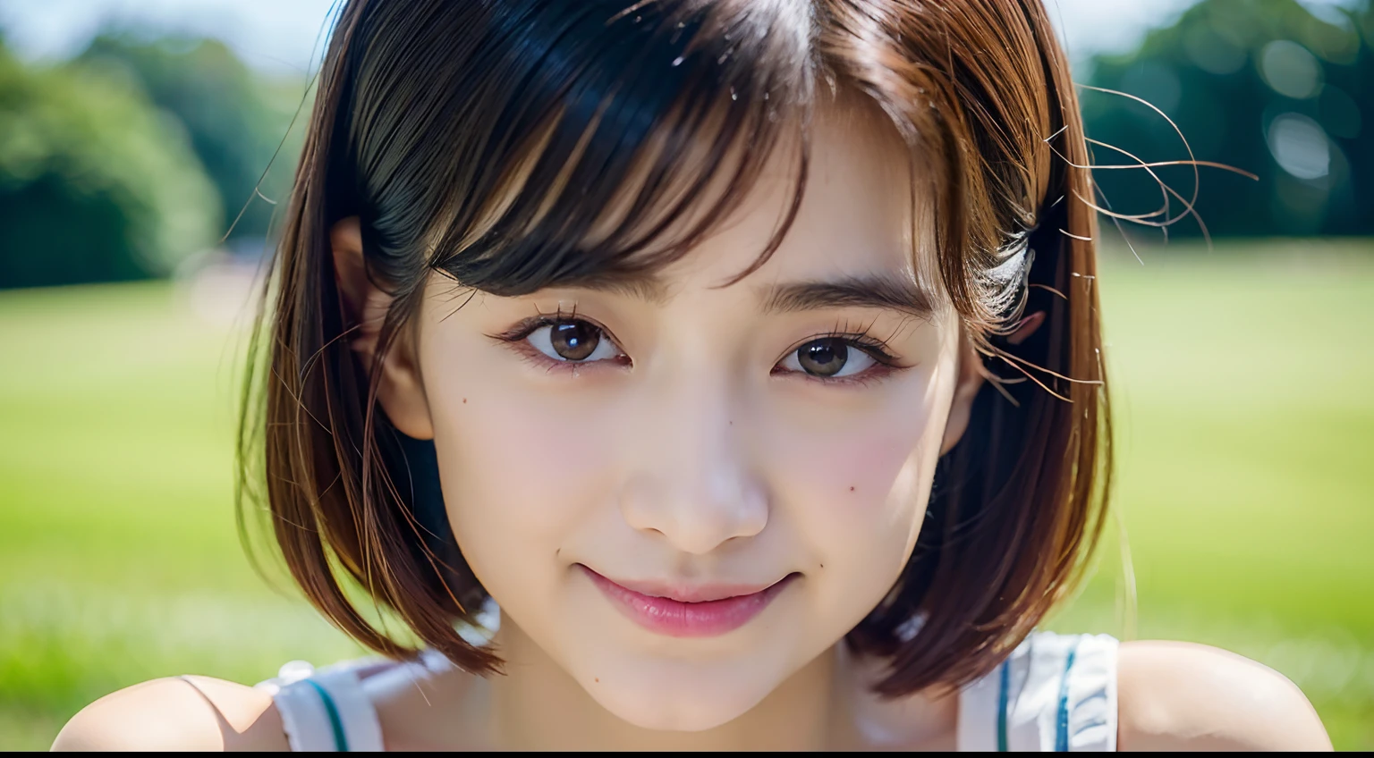 ((top-quality)), ((超A high resolution)), (Photorealsitic:1.4),(1girl in:1.5),(The upper part of the body:1.3), looking at the viewers, facing the front there, A smile, Laugh,short-hair、ulzzang -6500-v1.1,pureerosface_v1, extended downblouse,