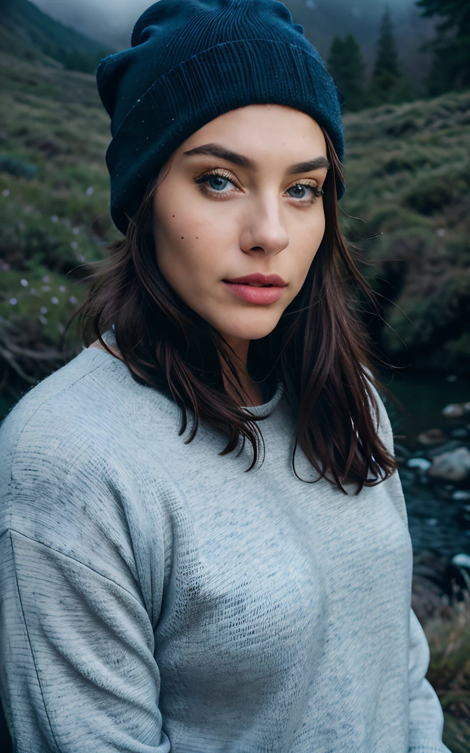 photorealistic, best quality, blue eyes,hyper detailed, beautiful woman, selfie photo, upper body, solo, wearing pullover, outdoors, (night), mountains, real life nature, stars, moon, (cheerful, happy), sleeping bag, gloves, sweater, beanie, flashlight, forest, rocks, river, wood, smoke, fog, clear sky, analog style, looking at viewer, skin texture, film grain, close up, ultra high res, best shadow, RAW, instagram LUT