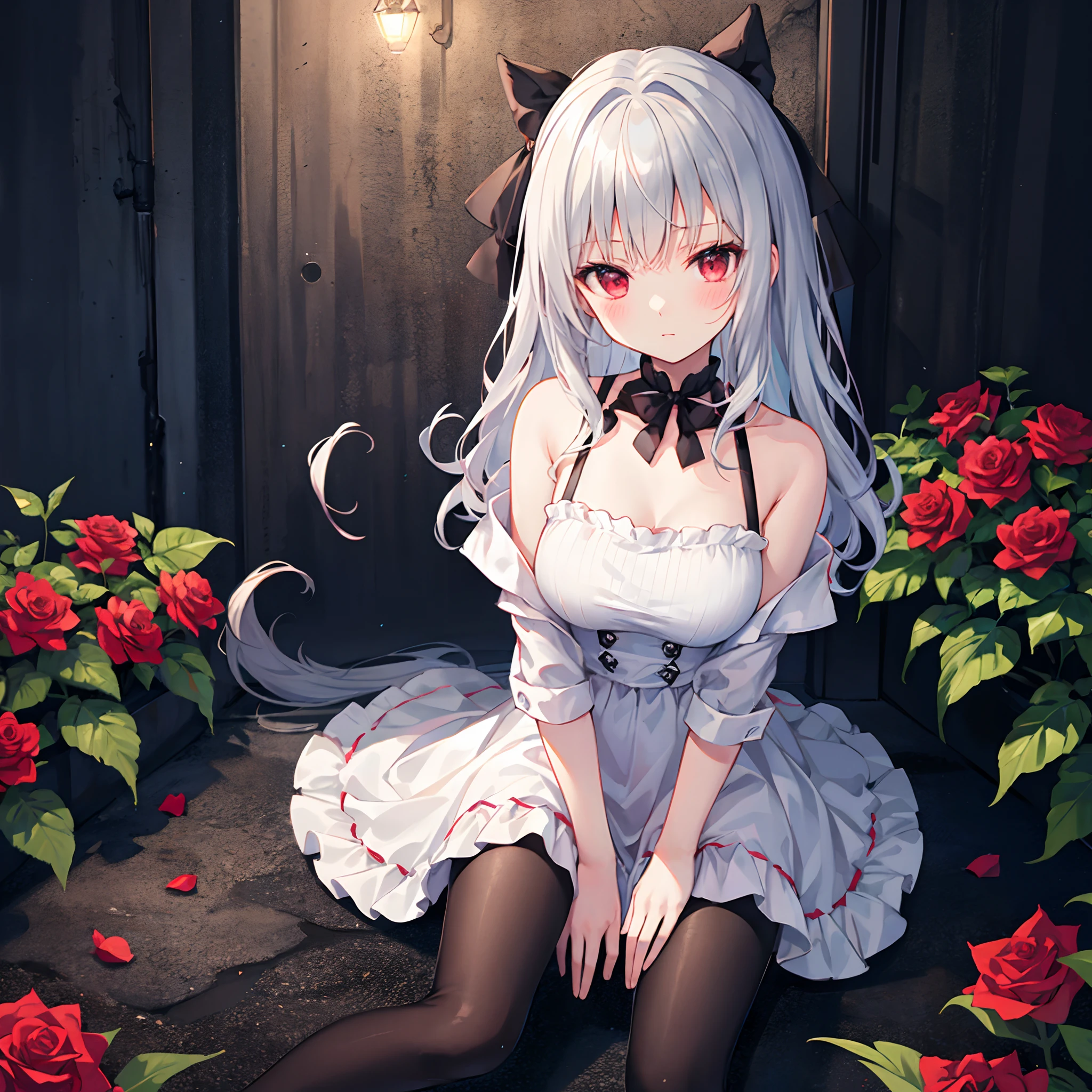 wavy silver hair、red eyes、Beautiful girl alone、Light blue dress、off shoulders、a miniskirt、Black tights、sitting on、rose garden