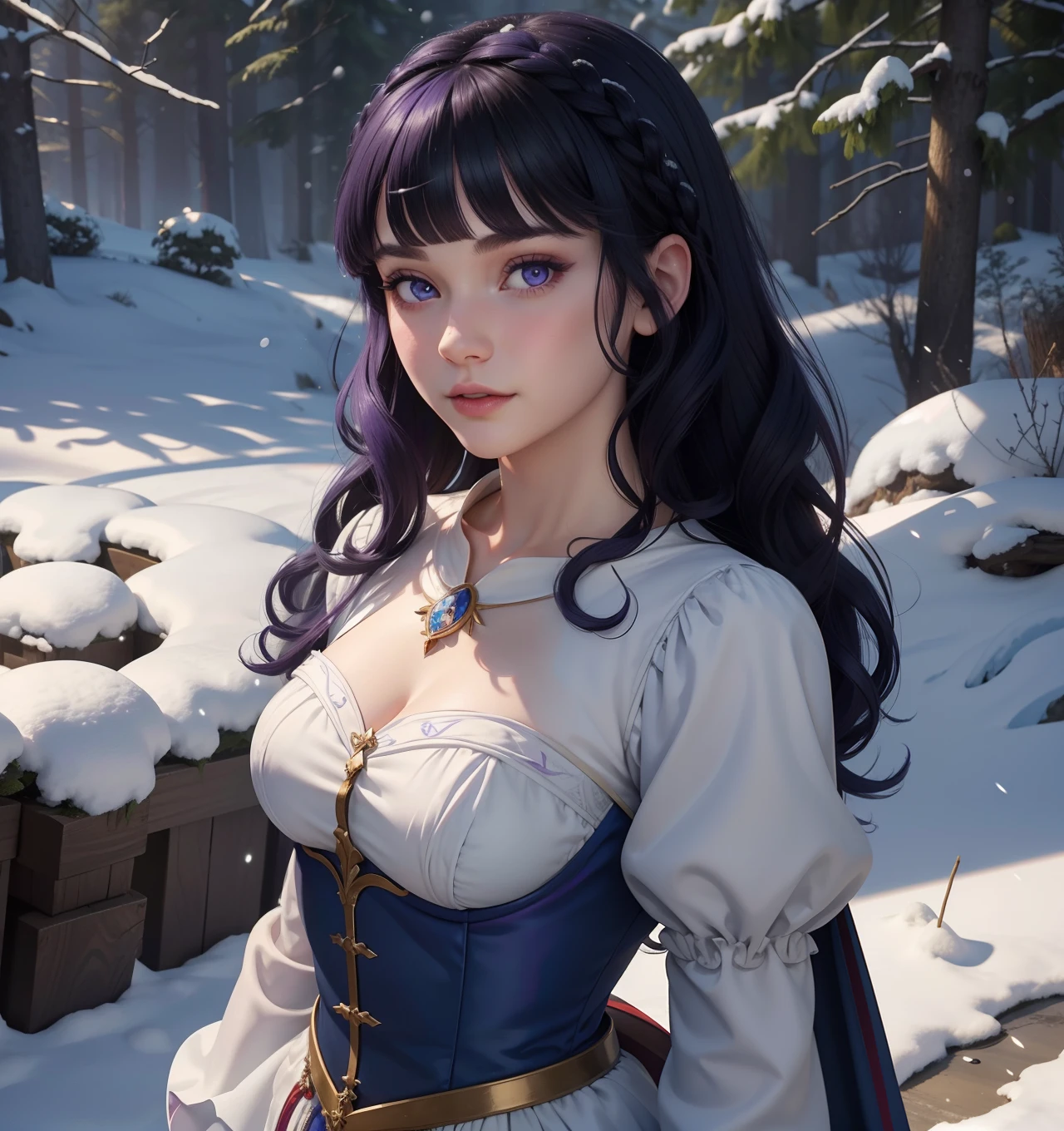masterpiece, snow white ,(1girl:1.1), (extremely detailed:1.2), super hd, 8k, (intrincate details:0.8), hyper realistic, professional photo, exceptional, Blunt Bangs, purple eyes, long curly dark blue hair