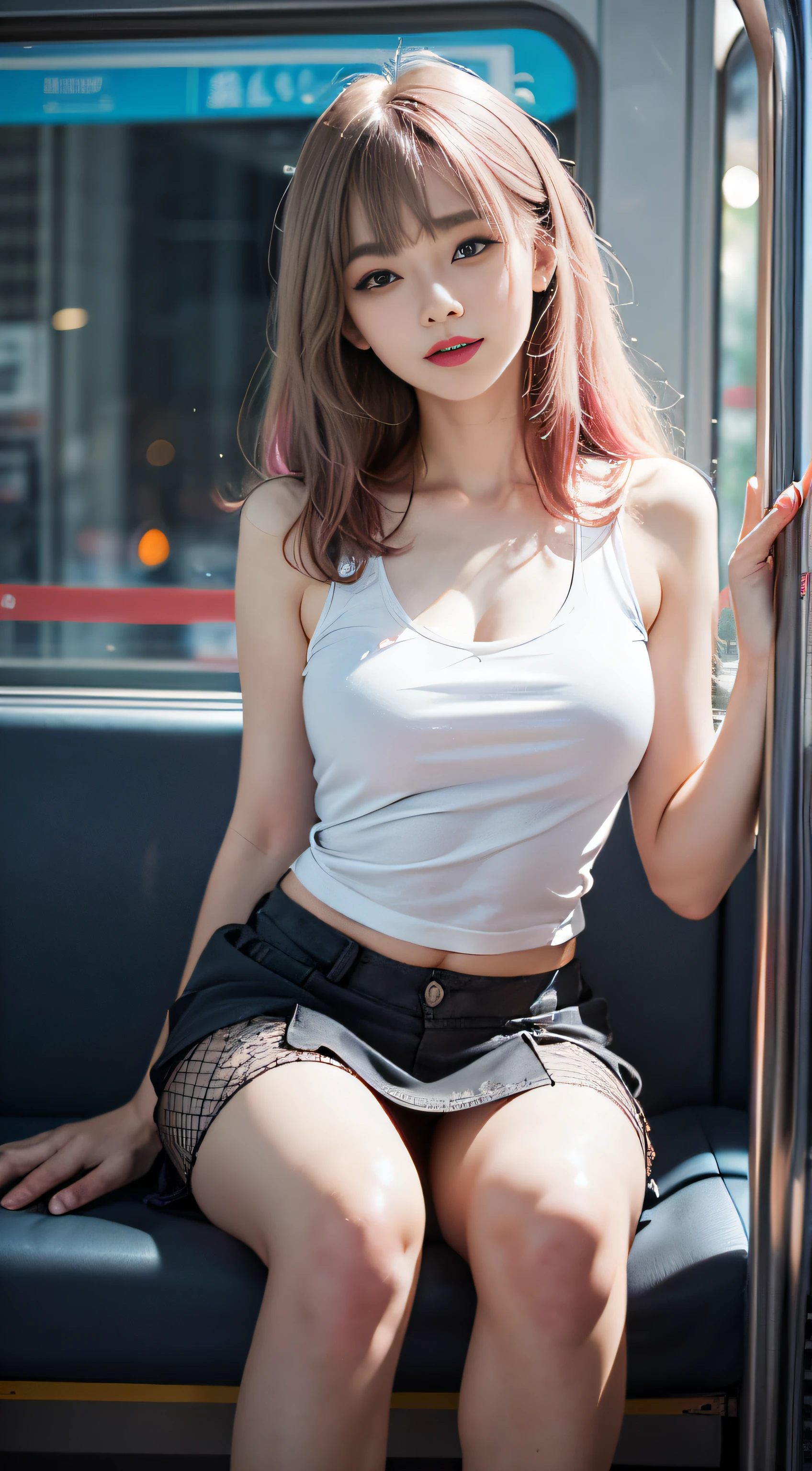 (Woman sitting on train and opening legs)1 girl, Silver hair, striated hair, Bangs, Blunt bangs, )(Long straight hair), (dark pink hair), Aquais, longeyelashes,(blue eyess)、, makeup, Smile, Parted lips, Realism, Verism, surrealism, depth of fields, One-person viewpoint, F/1.8, 135 mm, canon, nffsw, retinas, masutepiece, ccurate, Anatomically correct, Textured skin, Super Detail, high details, High quality, Best Quality, hight resolution, 1080p, hard disk, 4K, 8K)(sexypose)Focus on the face (white tank tops、、off shoulders)、(a miniskirt)、(fishnet tights、Damage)(Black High Heels、Pinhole ties)Behind is a skyscraper street(Eyes closed))(White lace panties)