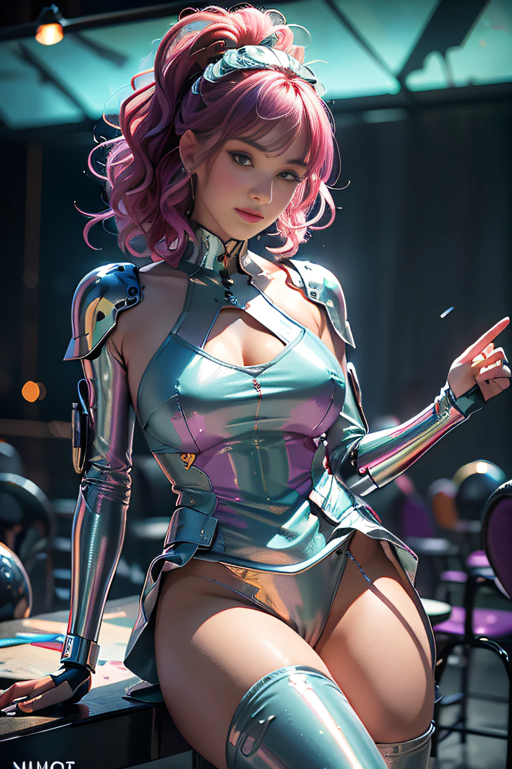 obra-prima, melhor qualidade, 1girl, ives , Mecha, beautiful  lighting, (Neon light: 1.2), (noite: 1.5), "obra-prima, melhor qualidade, 1garota, retrato de corpo inteiro, pose sensual, olhos azuis, cabelo multicolorido+prata:1.3+vermelho:1.2+roxo+amarelo:1.3+verde:1.3, pernas esculpidas e curvas tentadoras, seios fartos, rosto bonito, many drops of water, nuvem, Twilight, plano aberto, Aquarela, Neon light:1.2, noite:1.5, Mecha, beautiful  lighting, luz neon brilhante: 1.2, unforgettable mysterious night: 1.5"