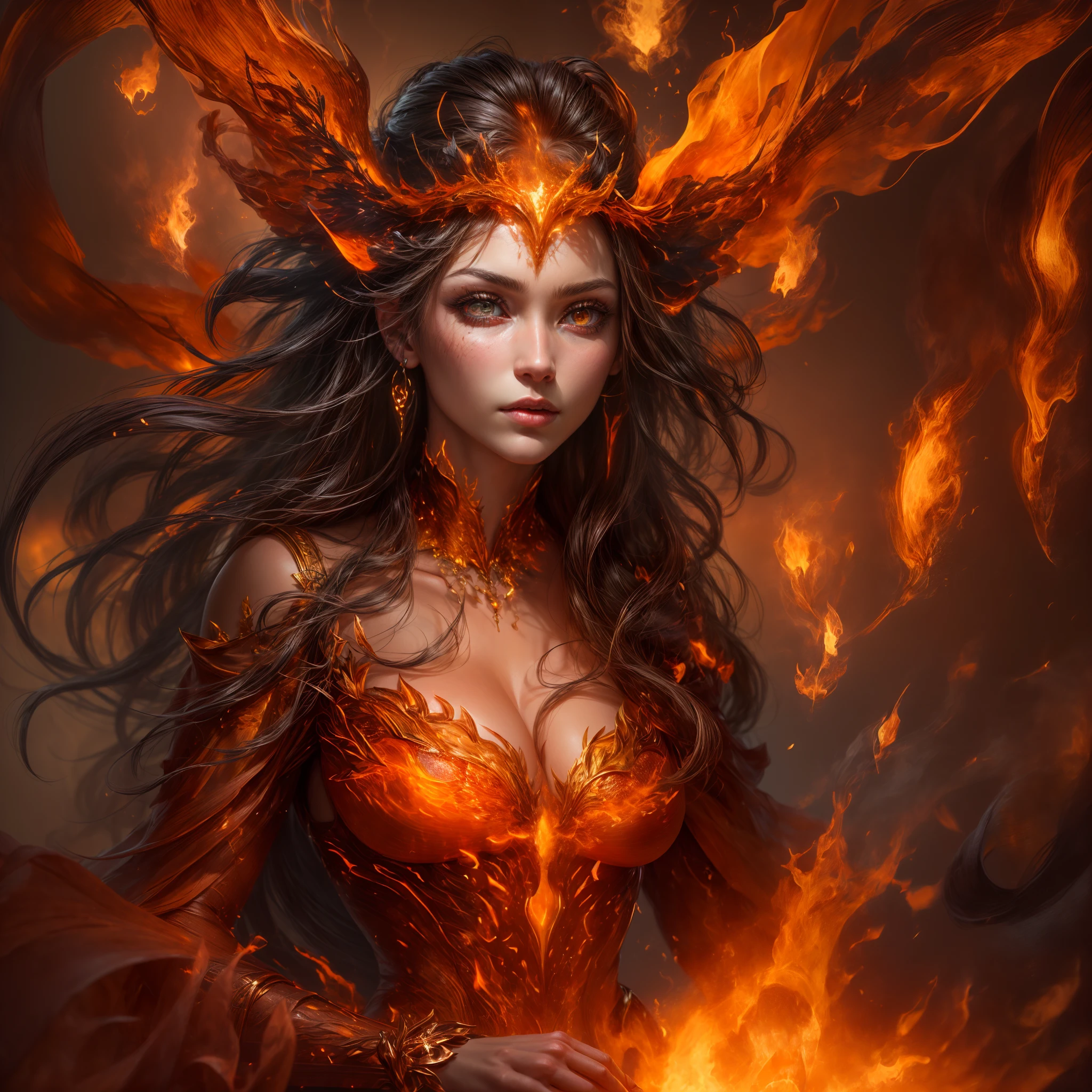 This is a realistic fantasy artwork prominently featuring realistic fire, including wisps of flames, glowing hot embers, subtle curls of smoke, and a beautiful fire druid. The druid stands in the midst of a raging inferno with an interesting composition. Her face is expertly sculpted, with elegant and refined features and perfect shading and realistic skin texture. Her (orange and gold eyes) are stunning and are the focal point of this image. (Her eyes extremely detailed, beautiful detailed eyes, and macro). Her eyes feature intricate detailing with clearly defined irises and bright sclera. Her soft lips are smooth and very puffy, and her skin is adorned with a light flush and ornate fire detailing. Her long gown is stunning and expensive, and is made of pure flames and glittering, ornate jewels that glimmer in the fire light. Her billowing gown glitters from the flames and features a delicately and intricately embroidered bodice with wisps of flames running across it. Include fantasy elements like bumps, stones, fiery iridescence, glowing embers, silk, and an interesting background. Include fiery magical creatures such as fiery birds and fiery butterflies that give off a magical and mystical aura. Lighting: Utilize the latest trends in lighting to enhance the artwork's beauty. Camera: Utilize dynamic composition to create a sense of urgency and excitement. Take inspiration from the current masters of the fantasy genre, including trending artists on Artstation and Midjourney. ((masterpiece))