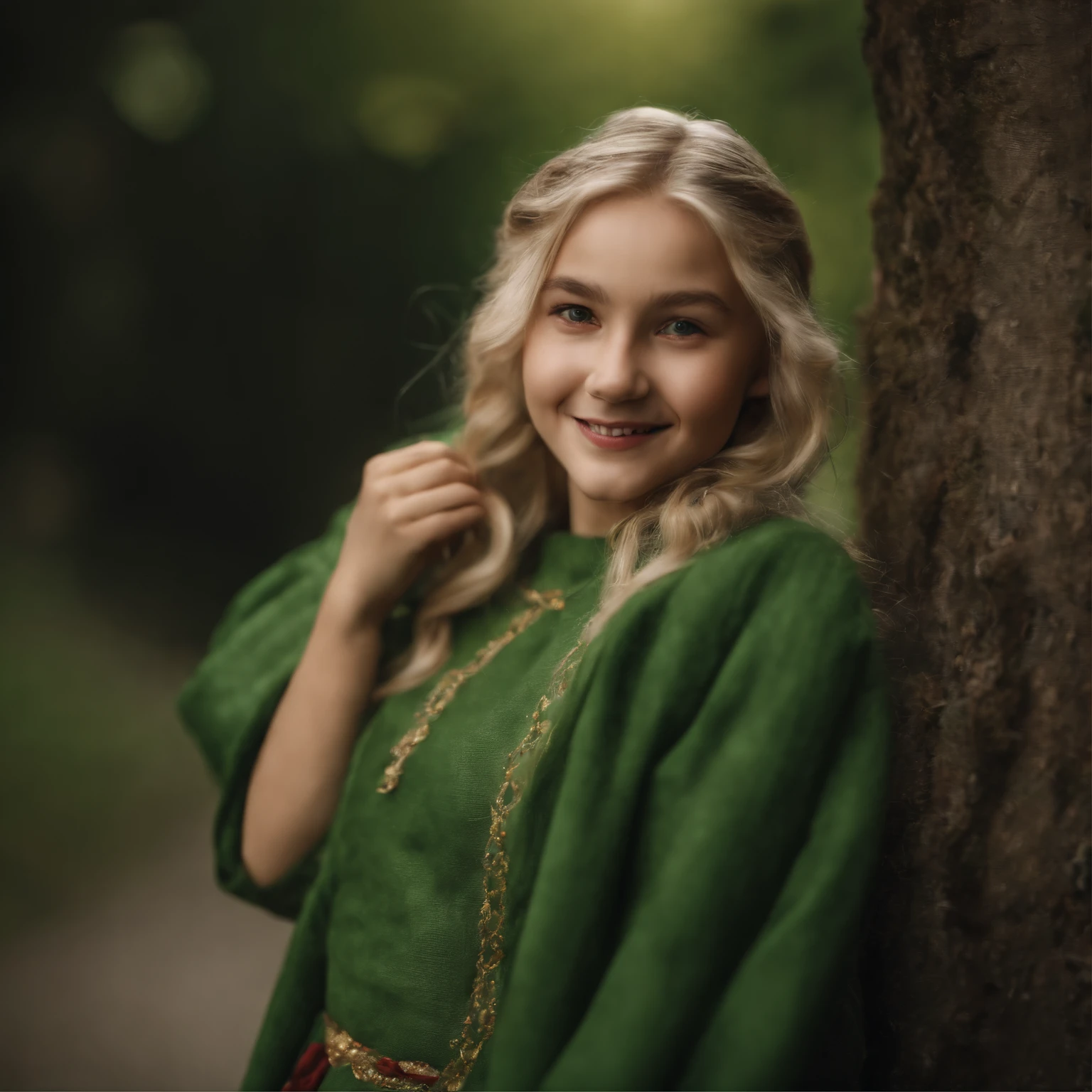 top-quality, ​masterpiece, ultra-detailliert, Girl Like an Elf, 独奏, cute little, a smile, Wearing hair ornaments, blonde  hair, Green clothing, Being in a European village