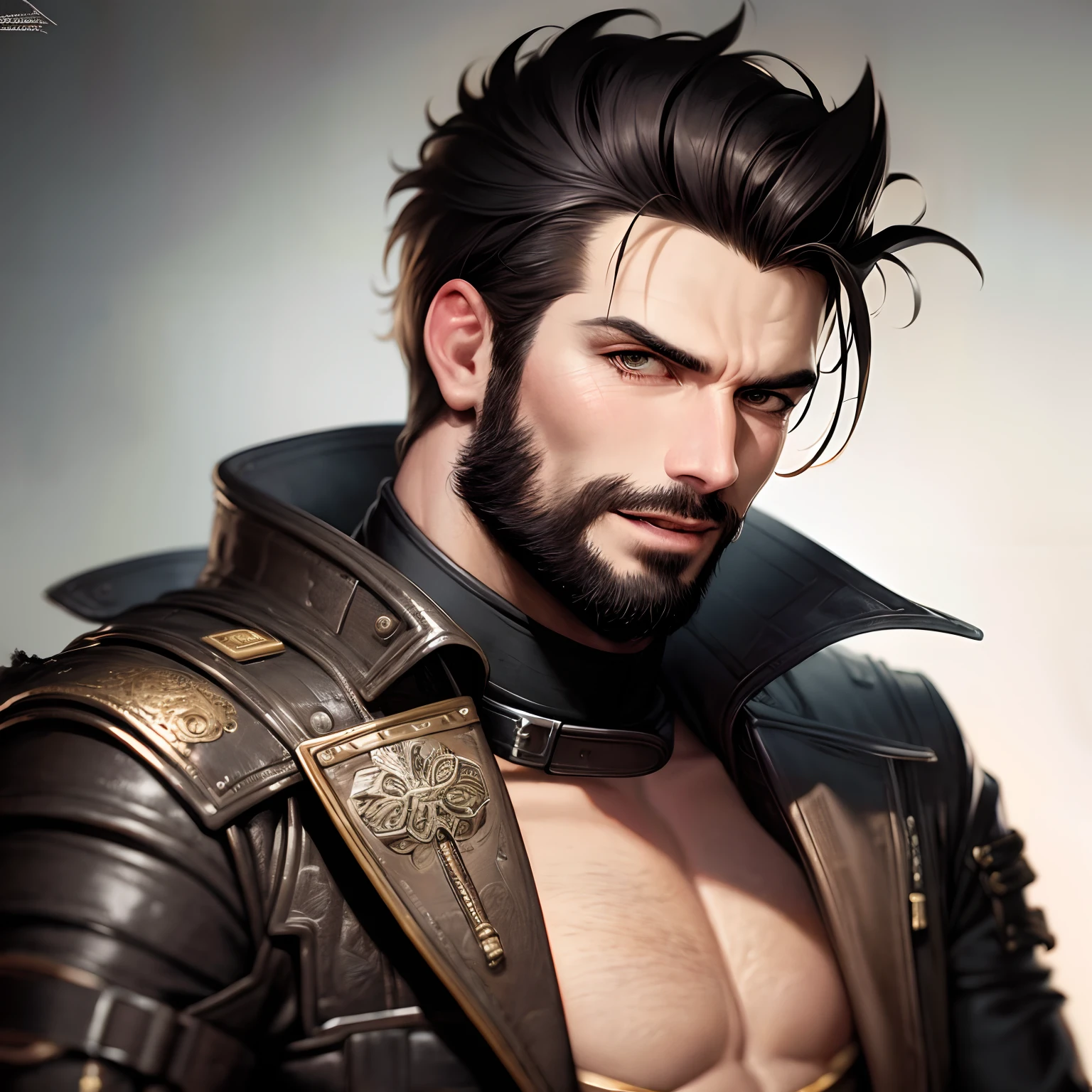 There's a man with a beard and leather jacket smoking a cigarette, homem bonito, epic and elegant portrait, inspirado em Max Magnus Norman, cavalheiro, RPG retrato arte conceitual, arte masculina, um retrato do personagem, retrato detalhado do caractere, Estilo de Raymond Swanland, arte de fundo, retrato da arte do personagem, Retrato masculino steampunk, Epic portrait illustration, epic RPG portrait