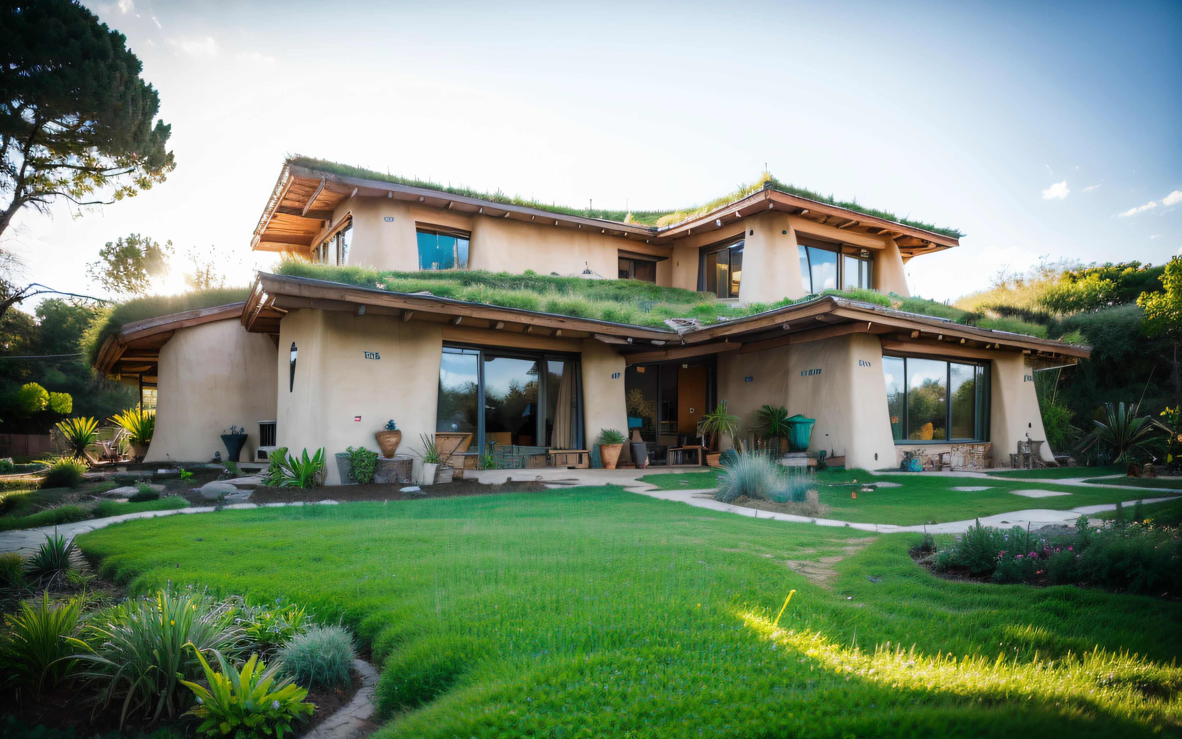 A imposing angular rounded corners contemporary modern hobbit house with a organic curved walls in tropical garden, plaster (((rustic mud stucco santa fe style))) and a (((wave shape greenroof with a wood edge))), (((wood and rake fascia roof))), eaves, porch, ((timber frame roof)), in the bali (((tropical backyard))), ((rounded corners walls)), ((rustic mud plaster)), (((curved organic rounded corners walls))), (((rustic earth plaster, mud clay stucco))), natural houses, bali style, Organic Buildings, Organic Architecture, Earthworks, Ecovillage, Sustainable Architecture, Biobuilding, Solarpunk Architecture, (((Grass Roof, Green Roof, Green Wave Roof, Rounded Roof, vegetated roofs))), green architecture, Passive house, Rock Foundation, clean sky in background, Interdimensional Villa, a painful beauty, organic architecture, green house, Super Resolution, cinematic, color grading, editorial photography, photography, Photo Shoot, front eye top angle view dramatic, Spring 50mm, Depth of Field, Intricate Details, Natural Colors, Sharp Focus, Warm Light, Shutter Speed 1/1000, F/22, White Balance, Ray Trace Reflections, Lumen Reflections, Screen Space Reflections, Diffraction Classification, Chromatic Aberration, GB Offset, Partial Illumination, Backlight, Natural Illumination, Sweep Lines, Ambient Occlusion, Anti-Aliasing, Shaders, OpenGL-Shaders, GLSL-Shaders, Post Processing, Post Production, The Shading, Tone Mapping, Insanely detailed and intricate, hypermaximalist, elegant, hyperrealistic, super detailed, dynamic pose, Fujifilm XT3 front eye angle view